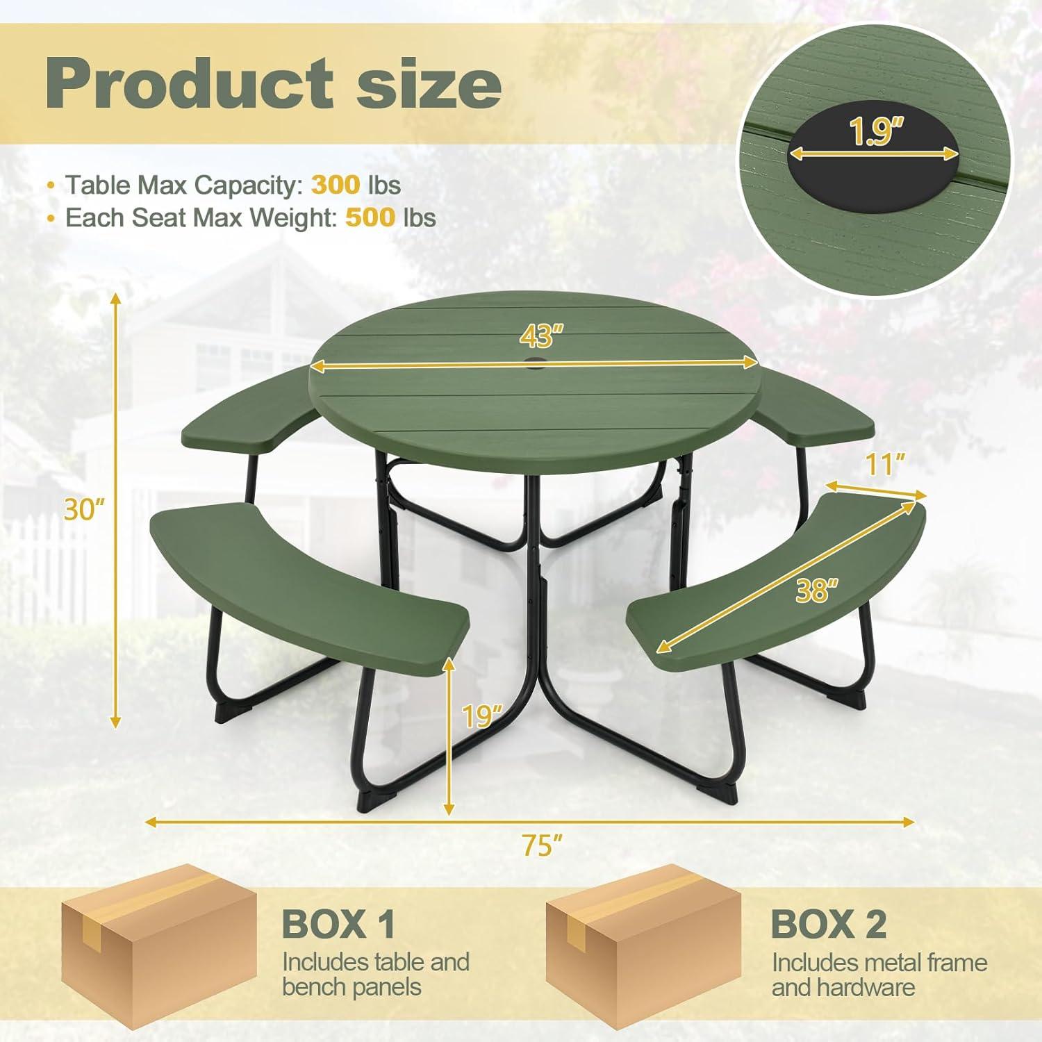 Costway Outdoor 8-person Round Picnic Table Bench Set with 4 Benches & Umbrella Hole Green