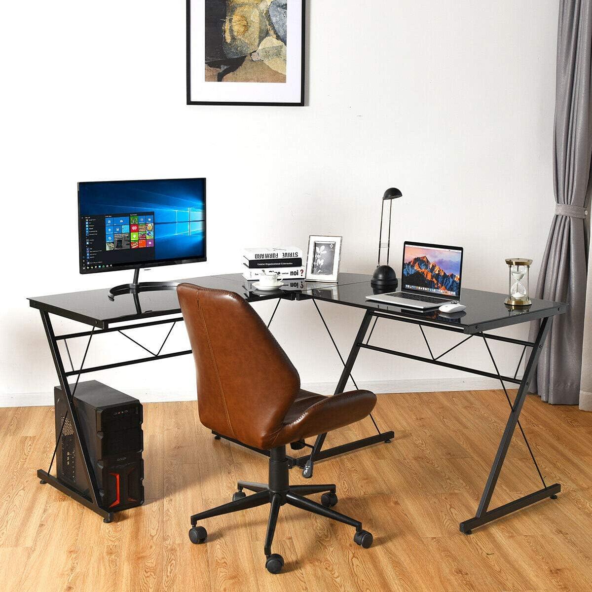 Tangkula L-Shaped, Corner, Modern Simple Style 3-Piece Metal Frame Study Laptop Desk Writing Gaming Table, Computer Workstation Top, Home Office Studio, Black