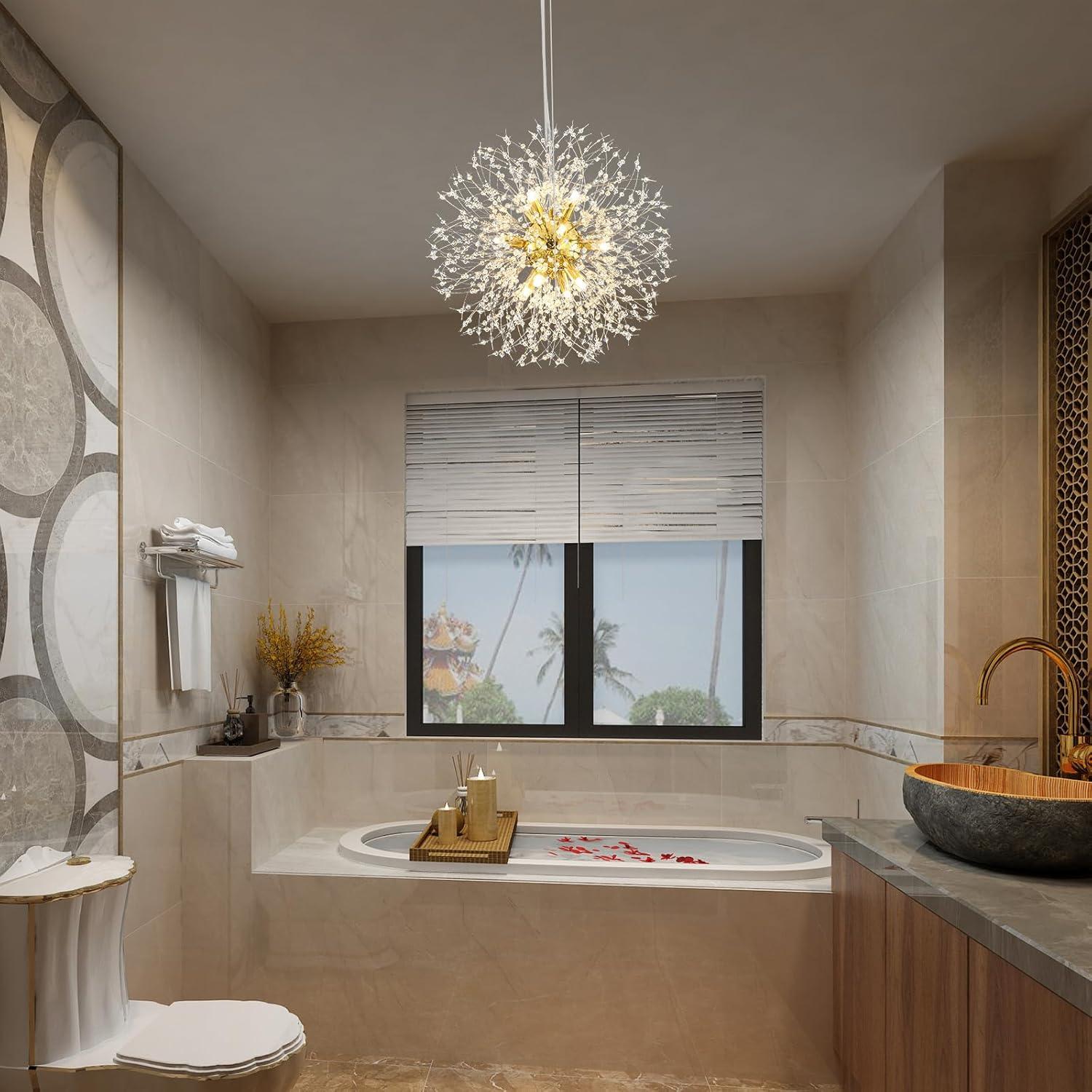 Mercer41 Modern Gold Crystal Chandelier With 12-Light Firework Design, Adjustable Dandelion Pendant Lighting For Dining Room, Living Room, Bedroom, Kitchen, And Hallway