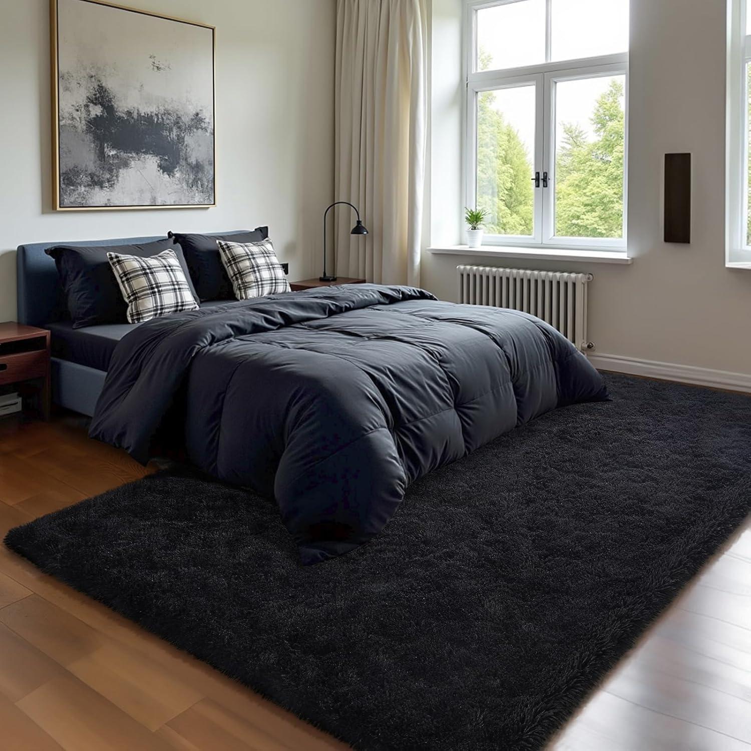 YJ.GWL Soft Fluffy Area Rugs for Bedroom Shaggy Living Room Rug Carpets for Bedroom Home Decor,4'x6',Black