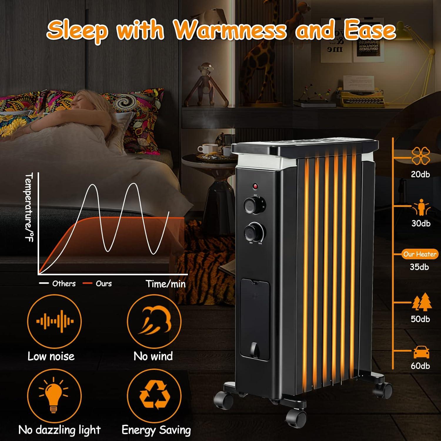 Resenkos Small Portable Room Heaters,Heater, Portable Heater,1500W Portable Oil Filled Radiator Heater with 3 Heat Settings-Black