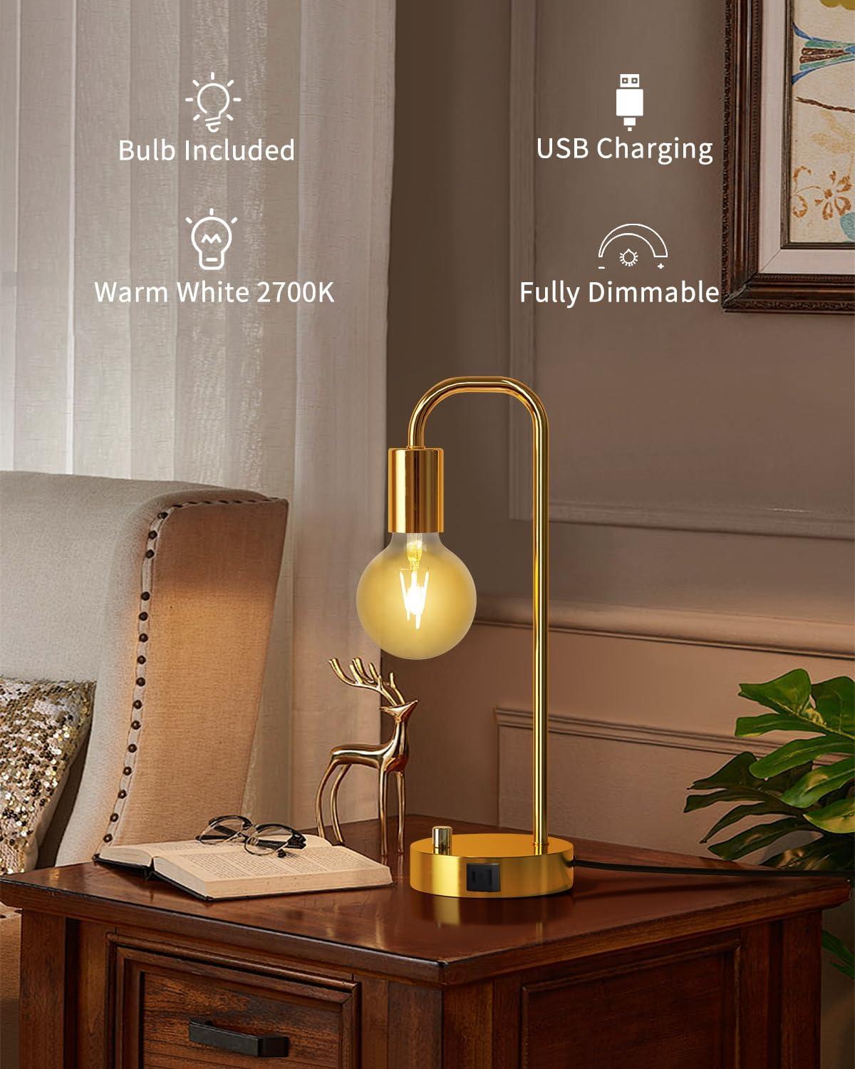 【Upgraded】Set of 2 Industrial Table Lamps with 2 USB Port, Fully Stepless Dimmable Bedside Lamps for Bedroom, Nightstand Desk Lamps with Glass Shade for Bedroom Living Room Office 2 LED Bulb Included