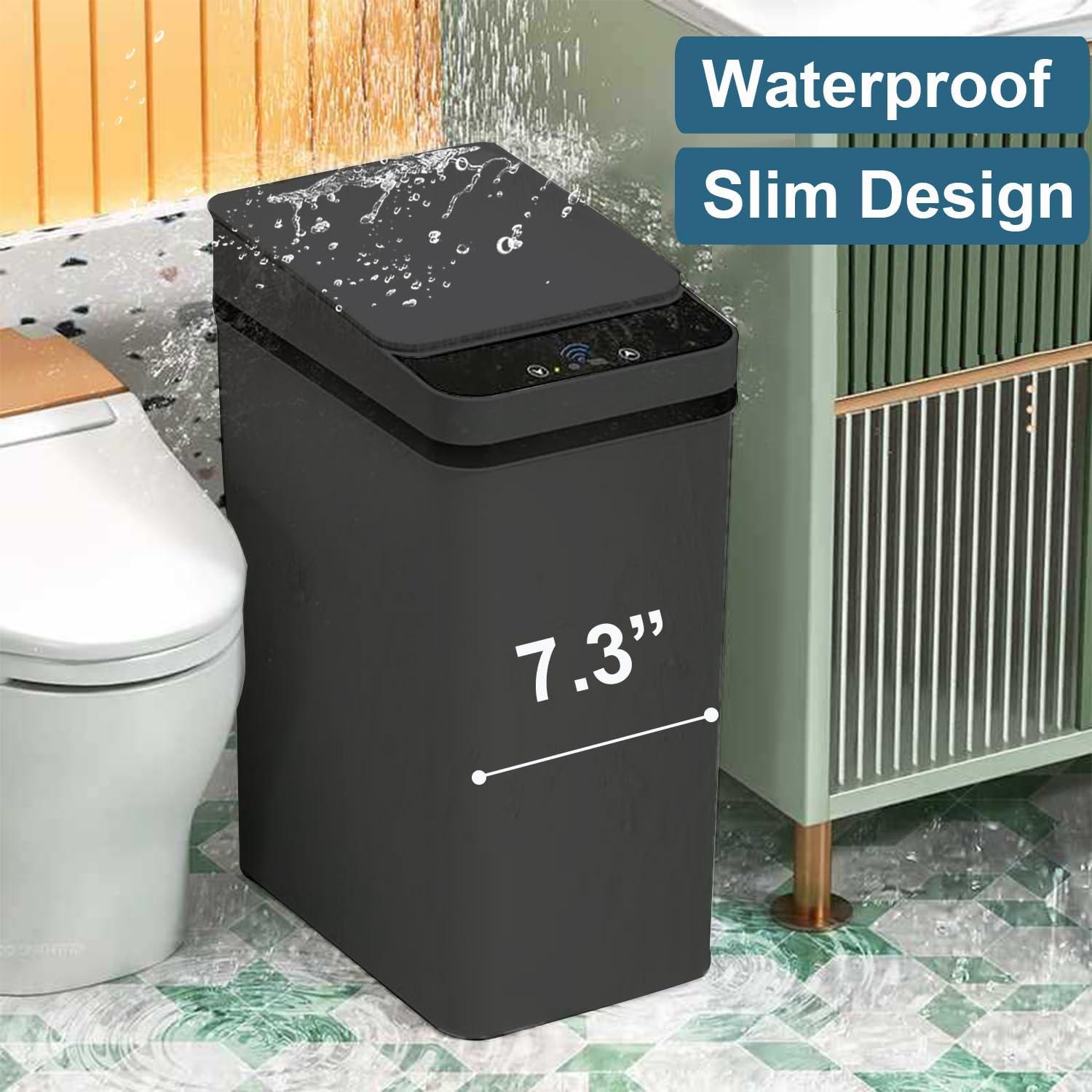 Yatmung 4 Gallons Bathroom Trash Can Automatic Touchless - 15.5 Liters Smart Trash Can Motion Sensor - Narrow, Plastic - Slim Electric Trash Bin - Skinny Garbage Can with Lid (Matte Black)