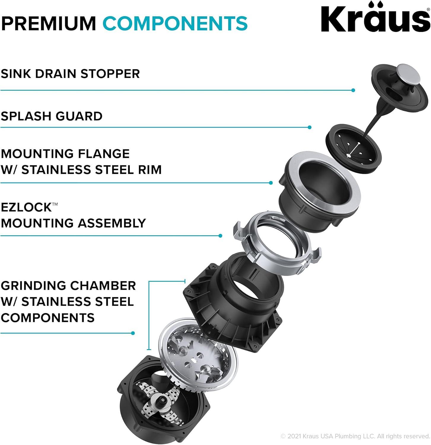 Kraus Waste Guard Continuous Feed Garbage Disposal with 3/4 HP Ultra-Quiet Motor with Power Cord and Flange Included