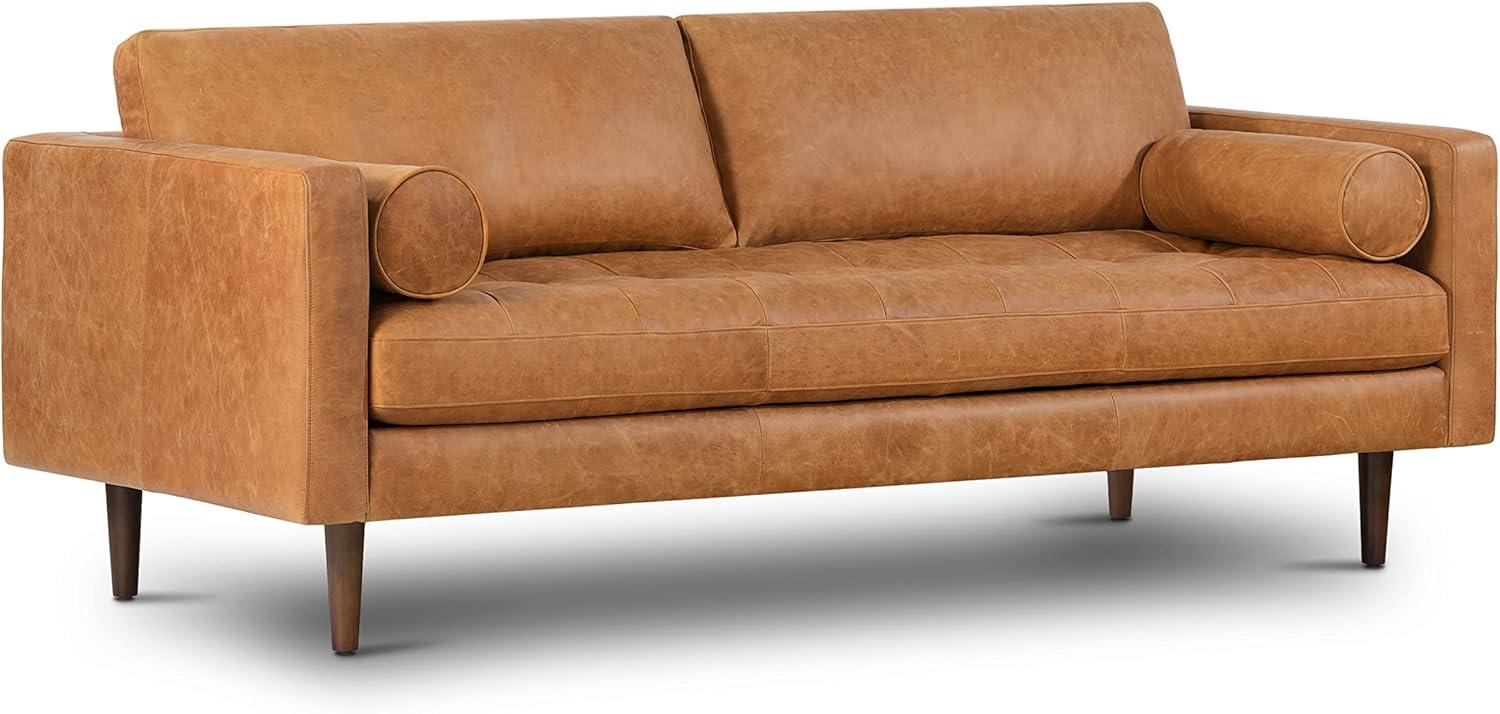 Cognac Tan Leather Tufted Sofa with Solid Wood Legs