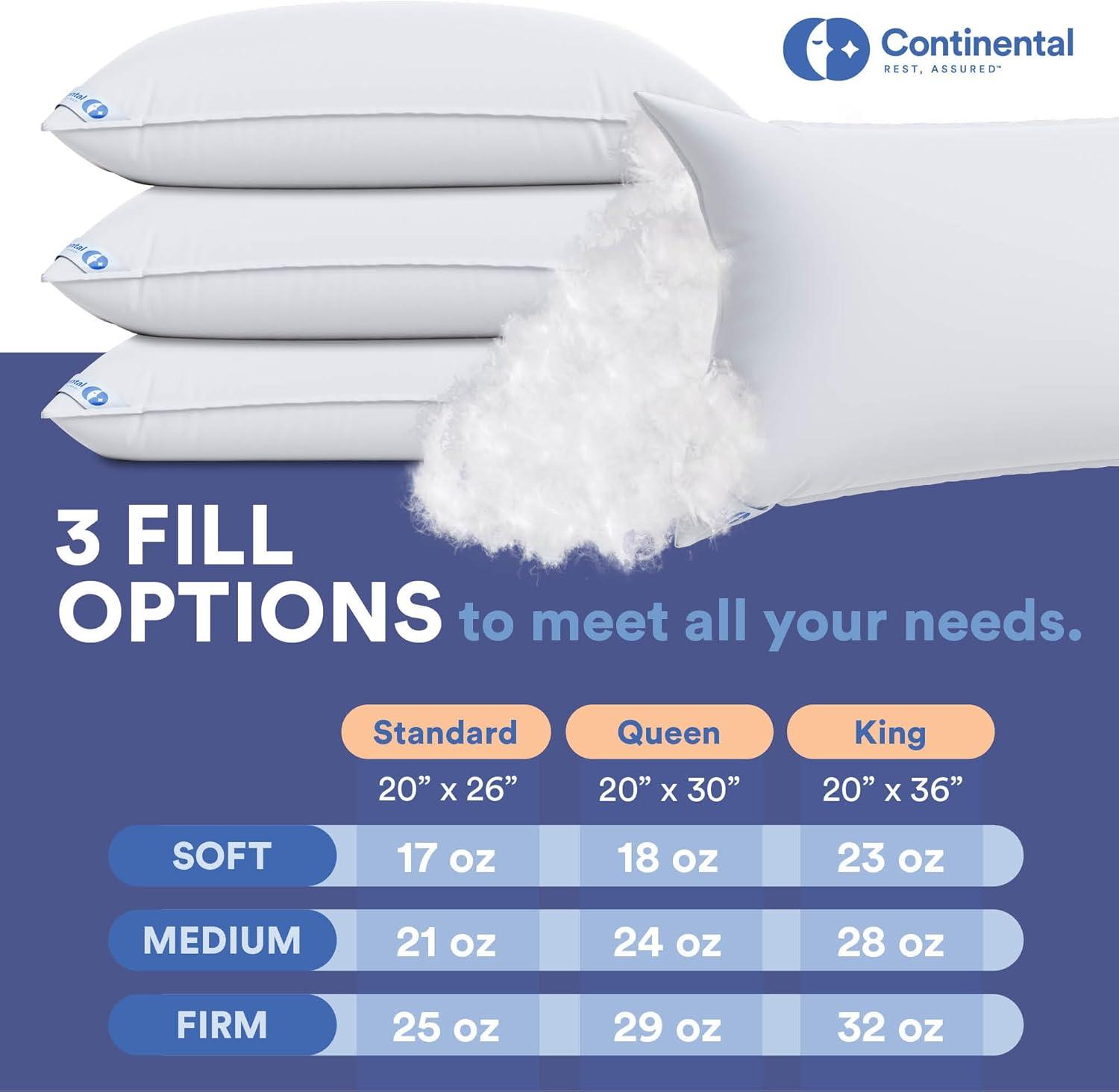 Continental Bedding Soft Luxury Down Pillows, Breathable Bed Pillows (Pack of 1)