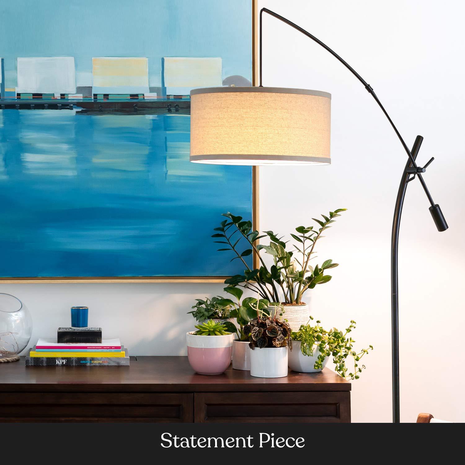 Brightech Grayson 84" Mid-Century Modern Height-Adjustable LED Arc Floor Lamp with Black Finish and Beige Cotton Fabric Drum Shade, Bulb Included