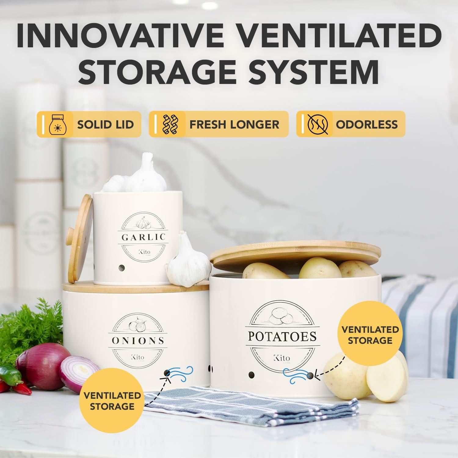 Canisters Sets for Kitchen Counter Storage and Organization with Wooden Bamboo Lids, Food Pantry Containers, Stackable Steel Storage Bins, Potato Storage Onion Keeper Garlic - Cream