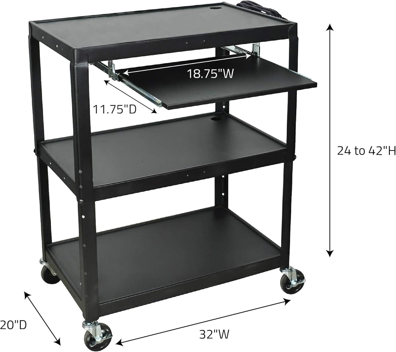 Black Adjustable Height Steel AV Cart with Pullout Keyboard Tray