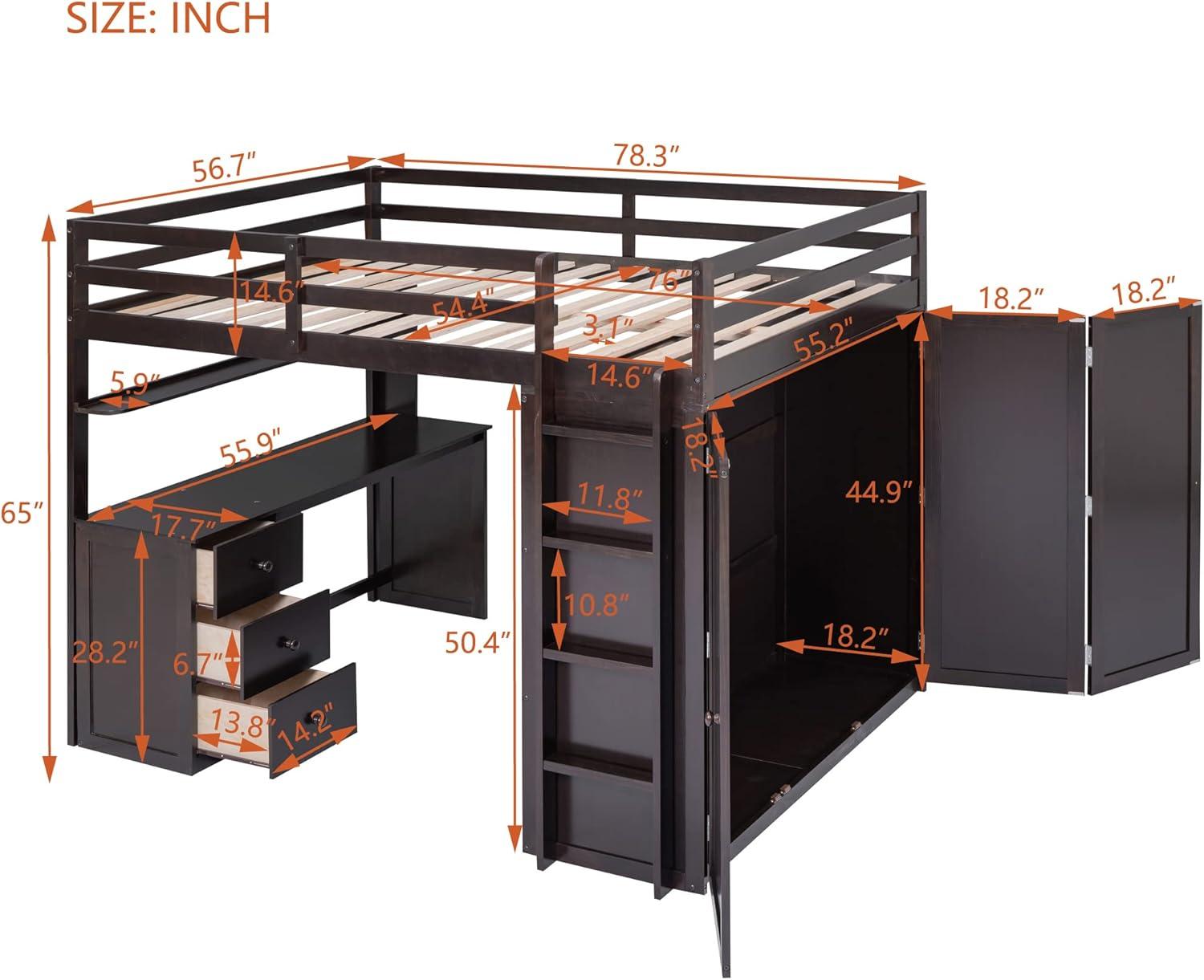 Loft Bed Full Size Adult, Wooden Frame with Desk and Wardrobe, Storage Design with Drawers & Shelf, for Teen Girls & Boys (Gray)