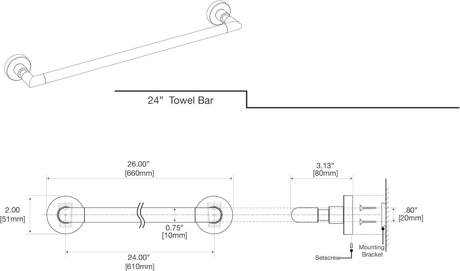 Matte Black Wall Mounted Bathroom Towel Bar, 20 Inch