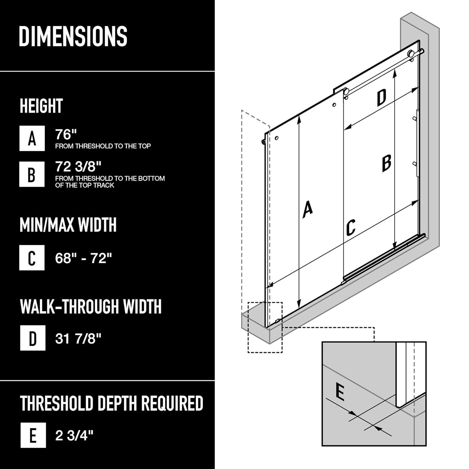 Elan E-Class 68-72" W x 76" H Sliding Frameless Shower Door with 3/8" Clear Glass