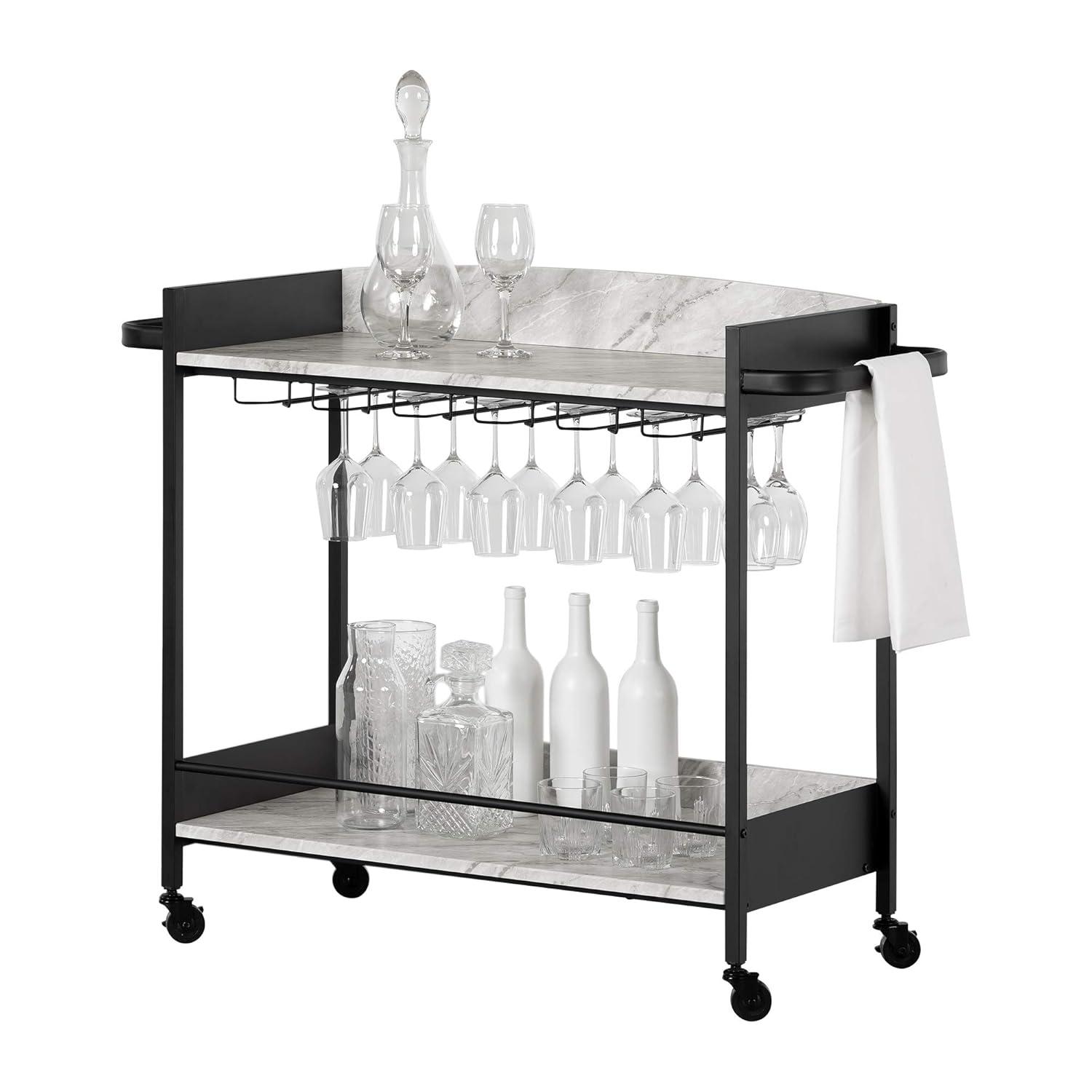 City Life Bar Cart with Wine Glass Rack Black/Faux Carrara Marble - South Shore