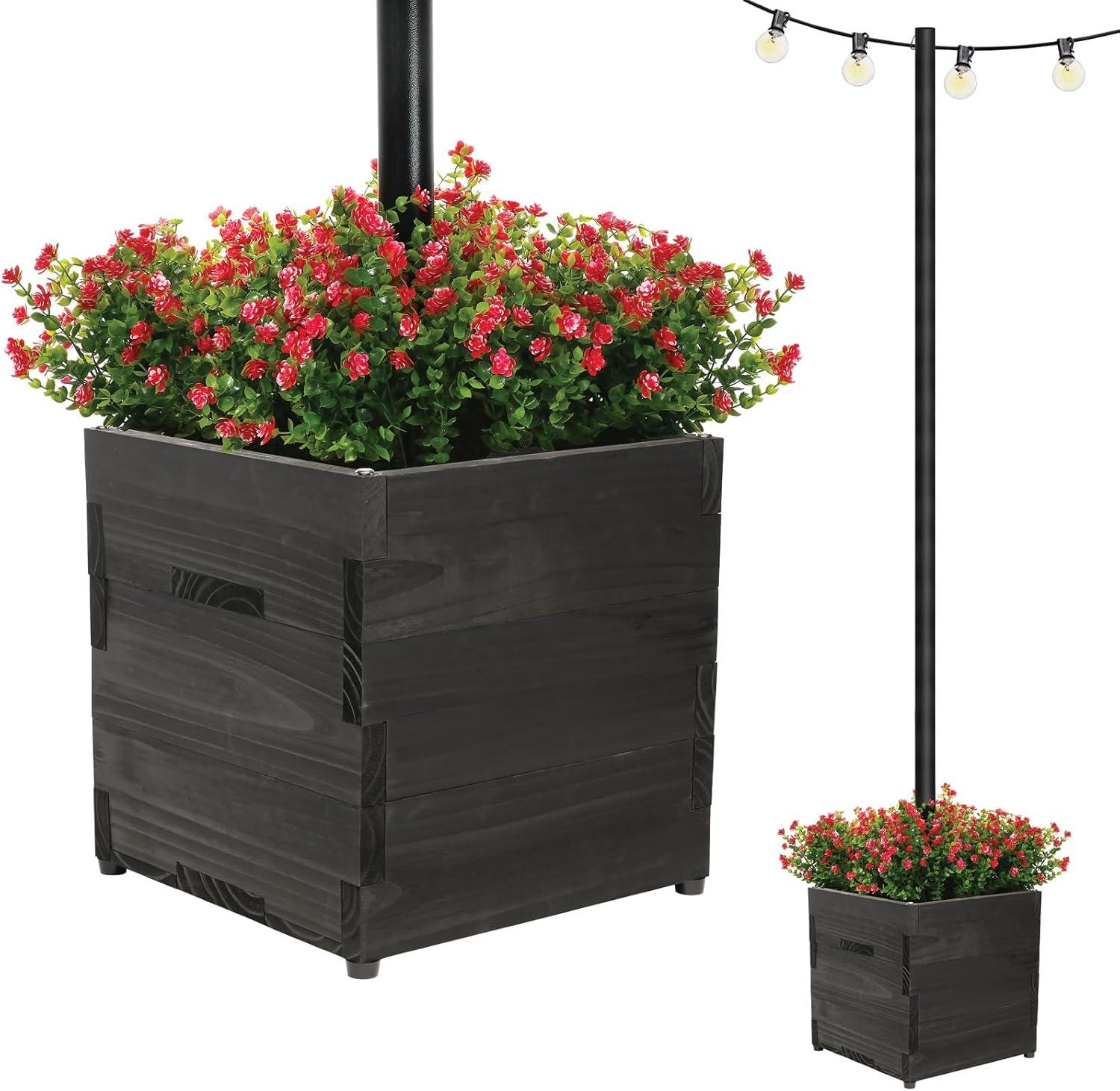 Large Black Wooden Outdoor Planter with Pole Support