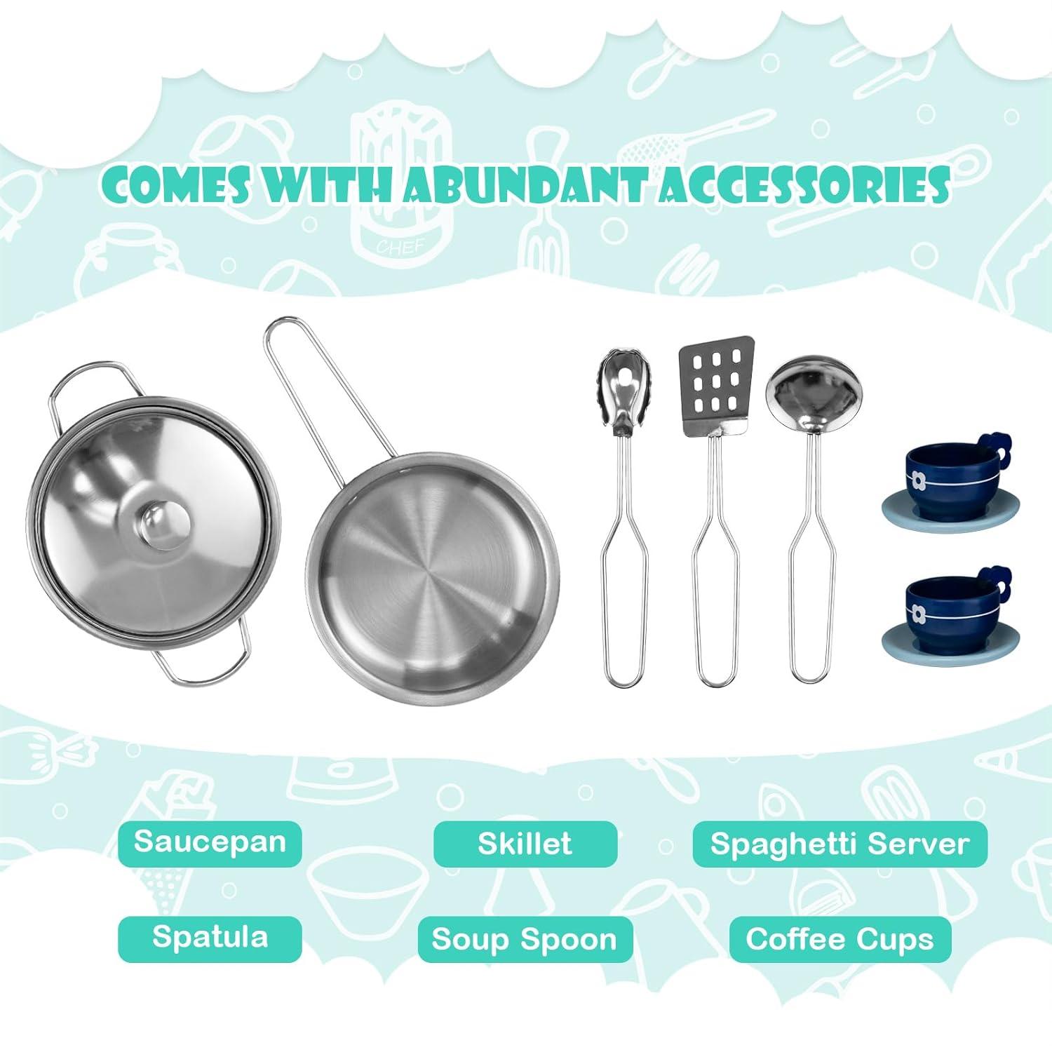 HONEY JOY Kids Kitchen Playset, 2-Piece Modular Wooden Corner Toy Kitchen Set/Washing Machine & Sink, Coffee Maker, Range Hood & Stove, Stool, Little Chef Pretend Play Kitchen for Toddlers, Natural