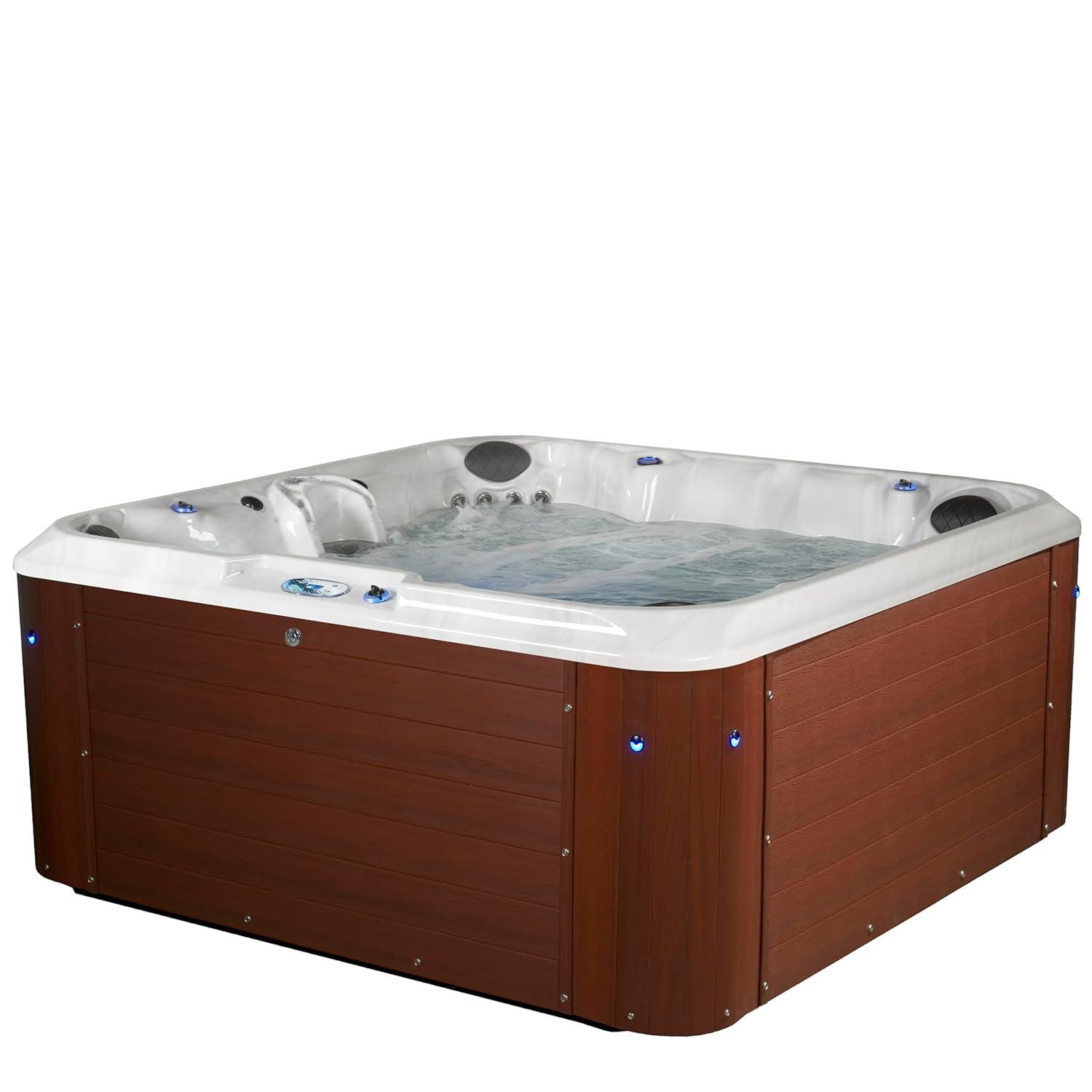 Amplified 6-Person 100-Jet Double-Lounger Hot Tub Spa with Bluetooth Stereo, 3 Pumps, LED Lighting, Stainless Steel Heater and Ozonator, Insulated Cover and Steps Included