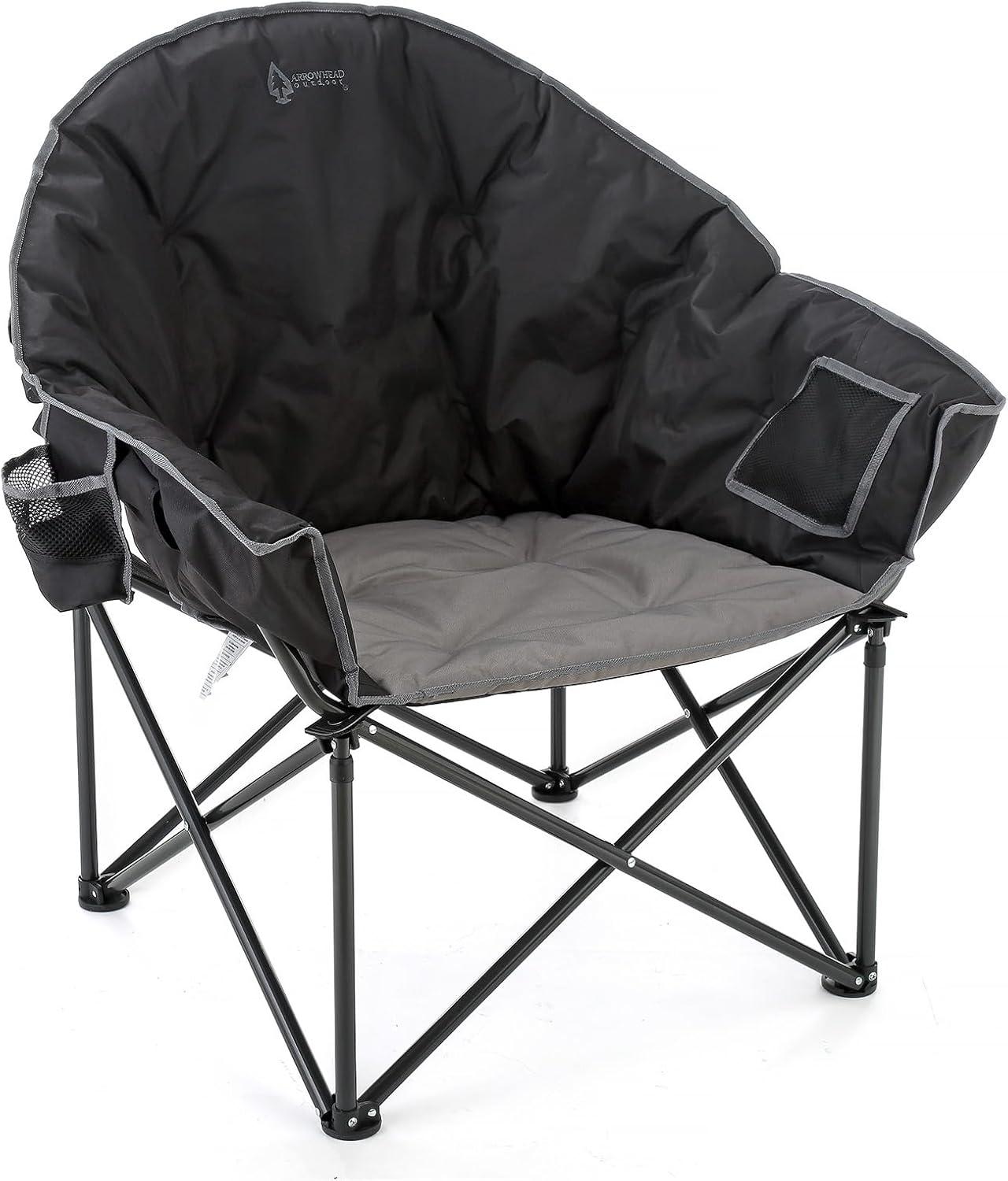 Arrowhead Outdoor Oversized Heavy-Duty Club Folding Camping Chair w/External Pocket, Cup Holder, Portable, Padded, Moon, Round, Bag (Charcoal Black)