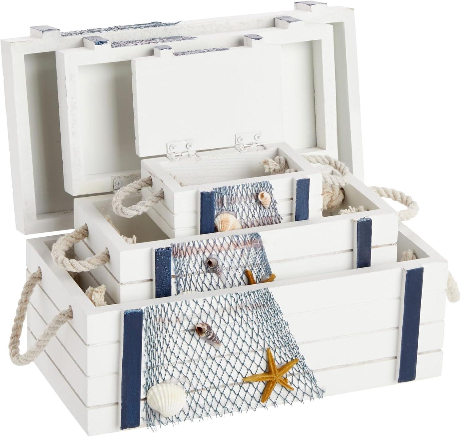 Nautical Box Set, Beach Theme Wooden Jewelry Boxes for Ocean Decor (3 Sizes)