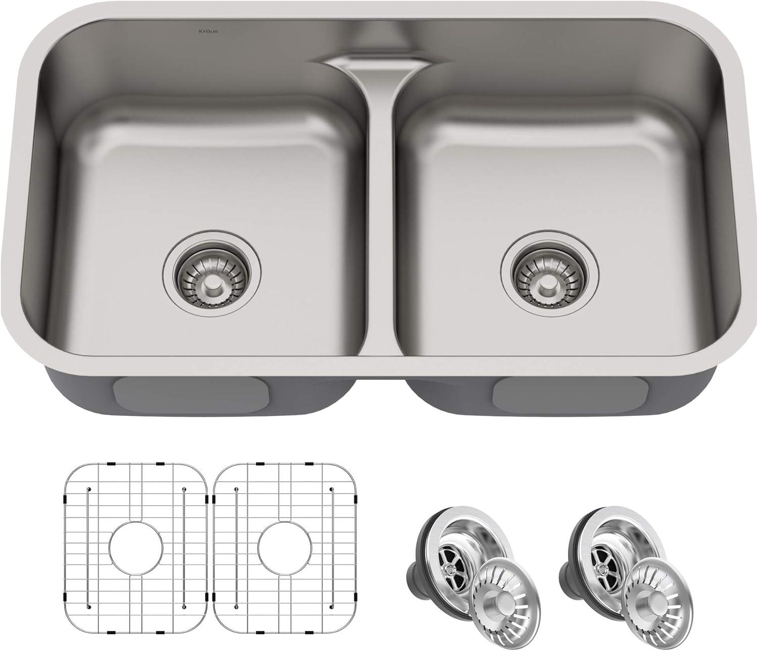 KRAUS Premier 32-inch L 16 Gauge Undermount 50/50 Double Bowl Stainless Steel Kitchen Sink