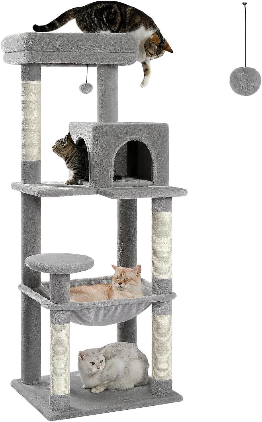 56.3" Indoor Multi-Level Tall Cat Tower With Large Hammock, Scratching Posts, Cozy Condo And Top Perch