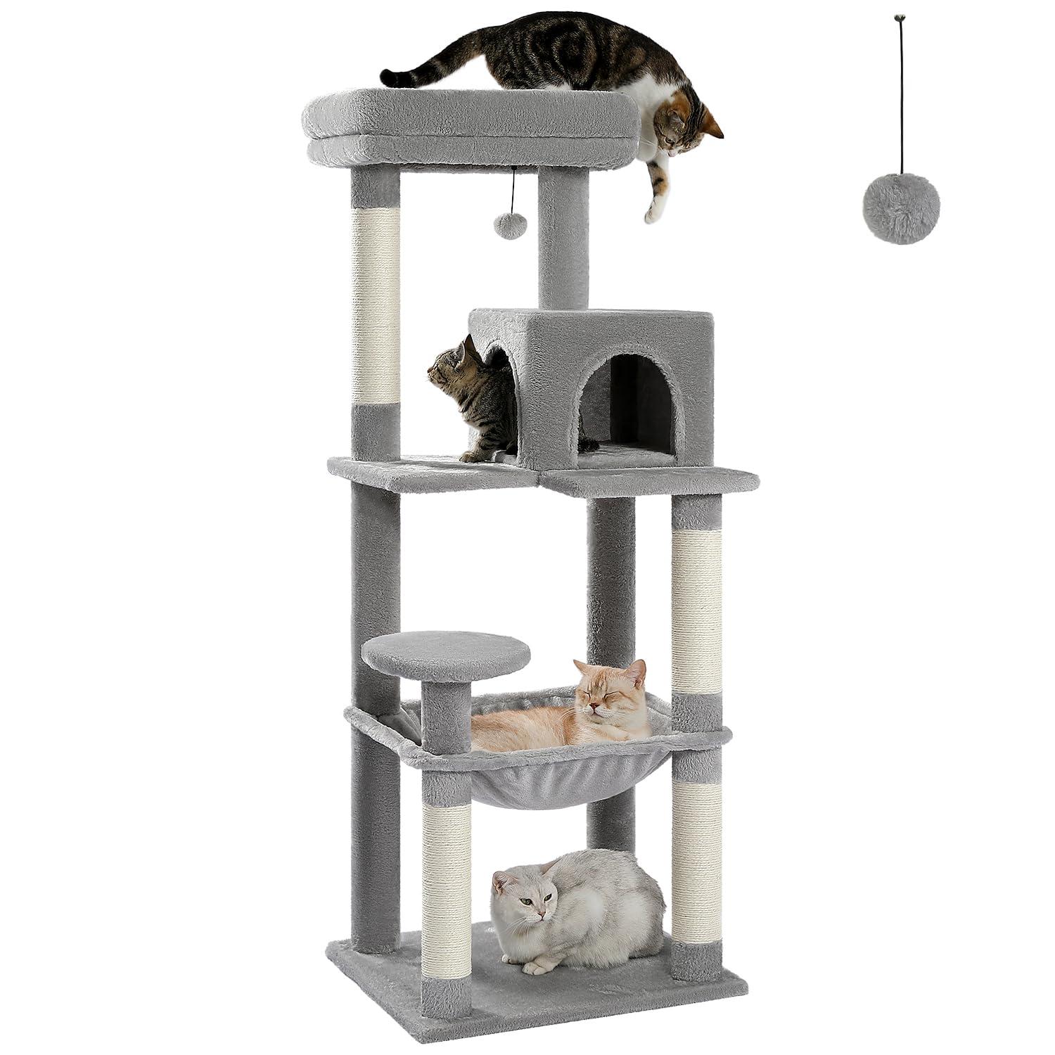 56.3" Indoor Multi-Level Tall Cat Tower With Large Hammock, Scratching Posts, Cozy Condo And Top Perch