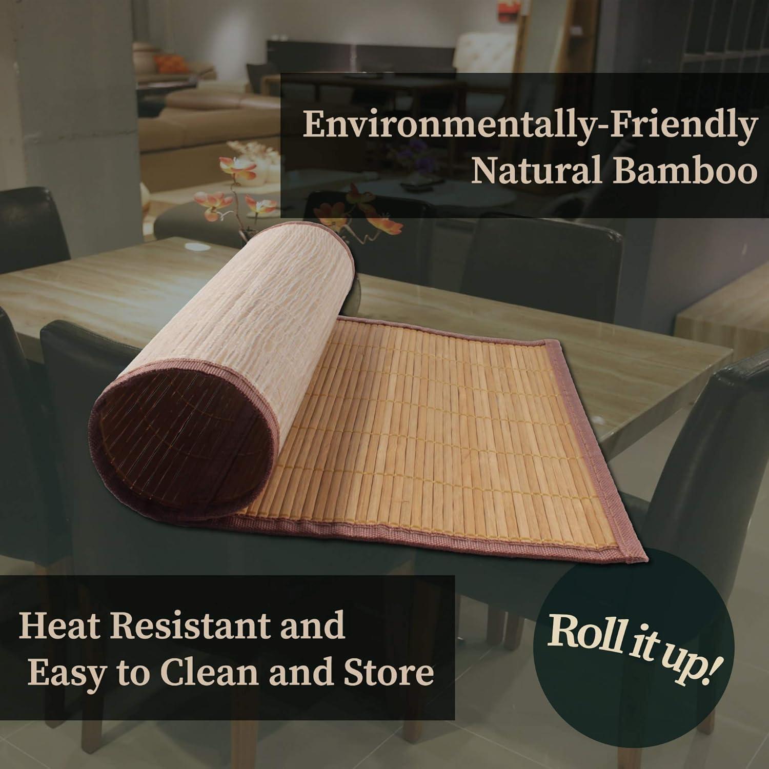 BambooMN Bamboo Slats Placemat with Fabric Border - Solid Color Print - 18" x 13" - Brown, 4 pcs