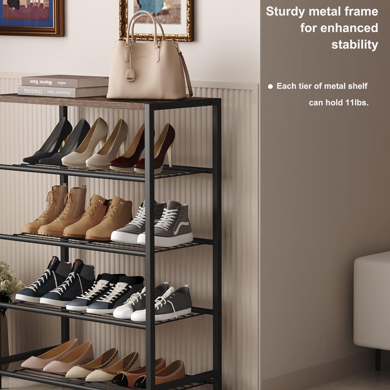 Industrial 5-Tier Black Metal and Wood Shoe Rack