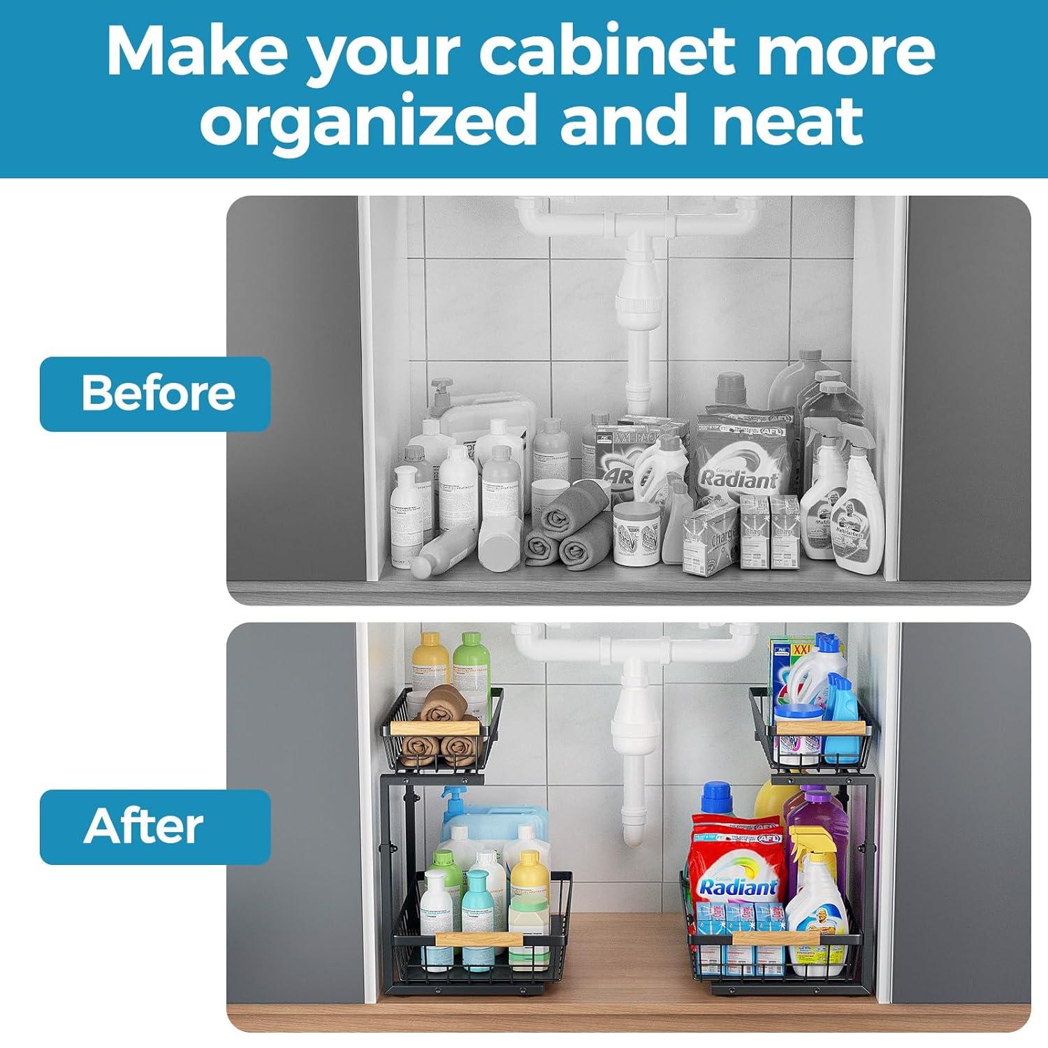Rebrilliant Under Sink Organizer, 2 Tier Under Sink Organizers And Storage, Metal Slide Out Pull Out Cabinet Organizer ,2 Pack Sliding Drawer Organizer For Kitchen Bathroom Pantry