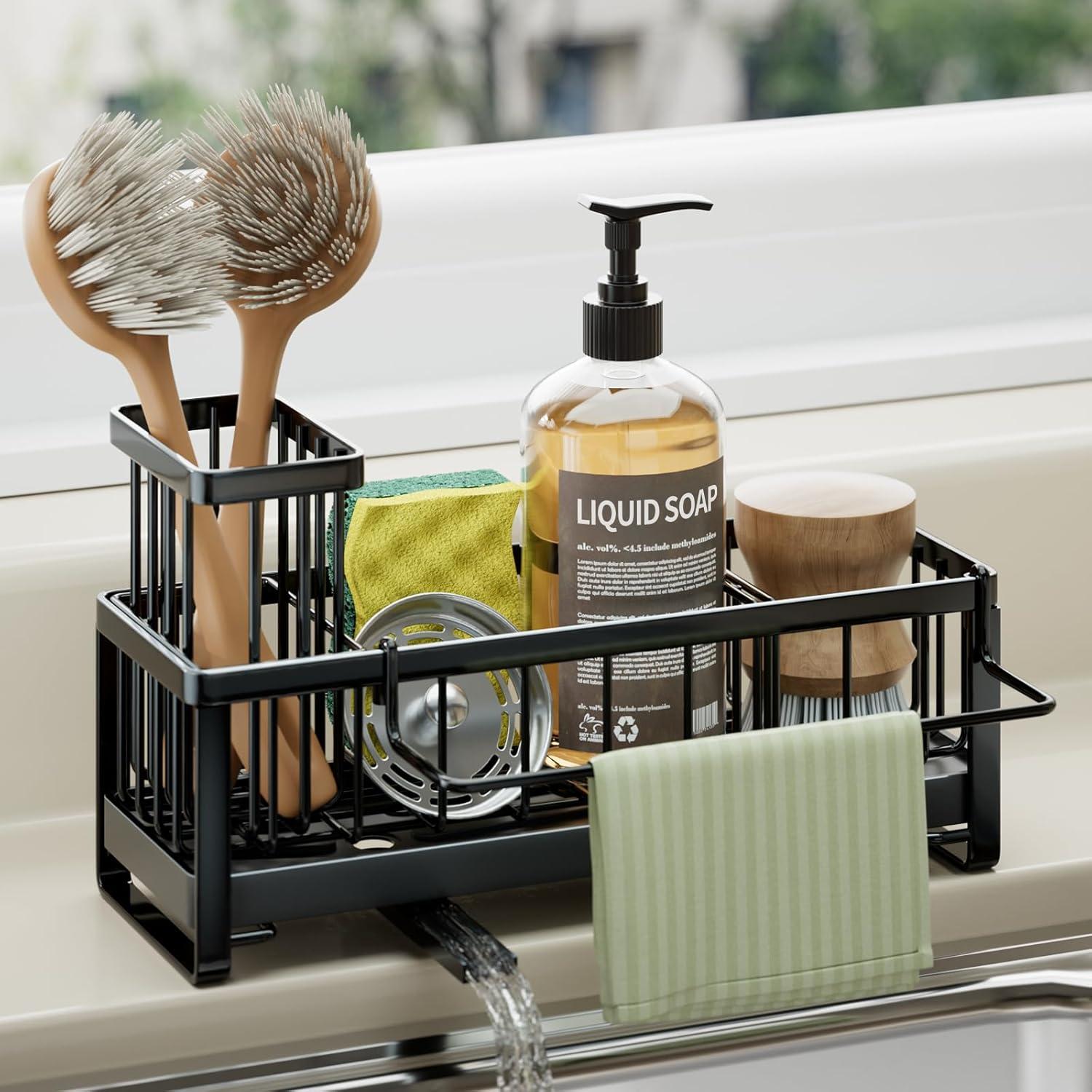 QIANXI Sponge Holder For Kitchen Sink - Self-draining Sink Caddy With Brush Holder And Dishcloth Holder, Stainless Steel Kitchen Sink Organizer For Countertop