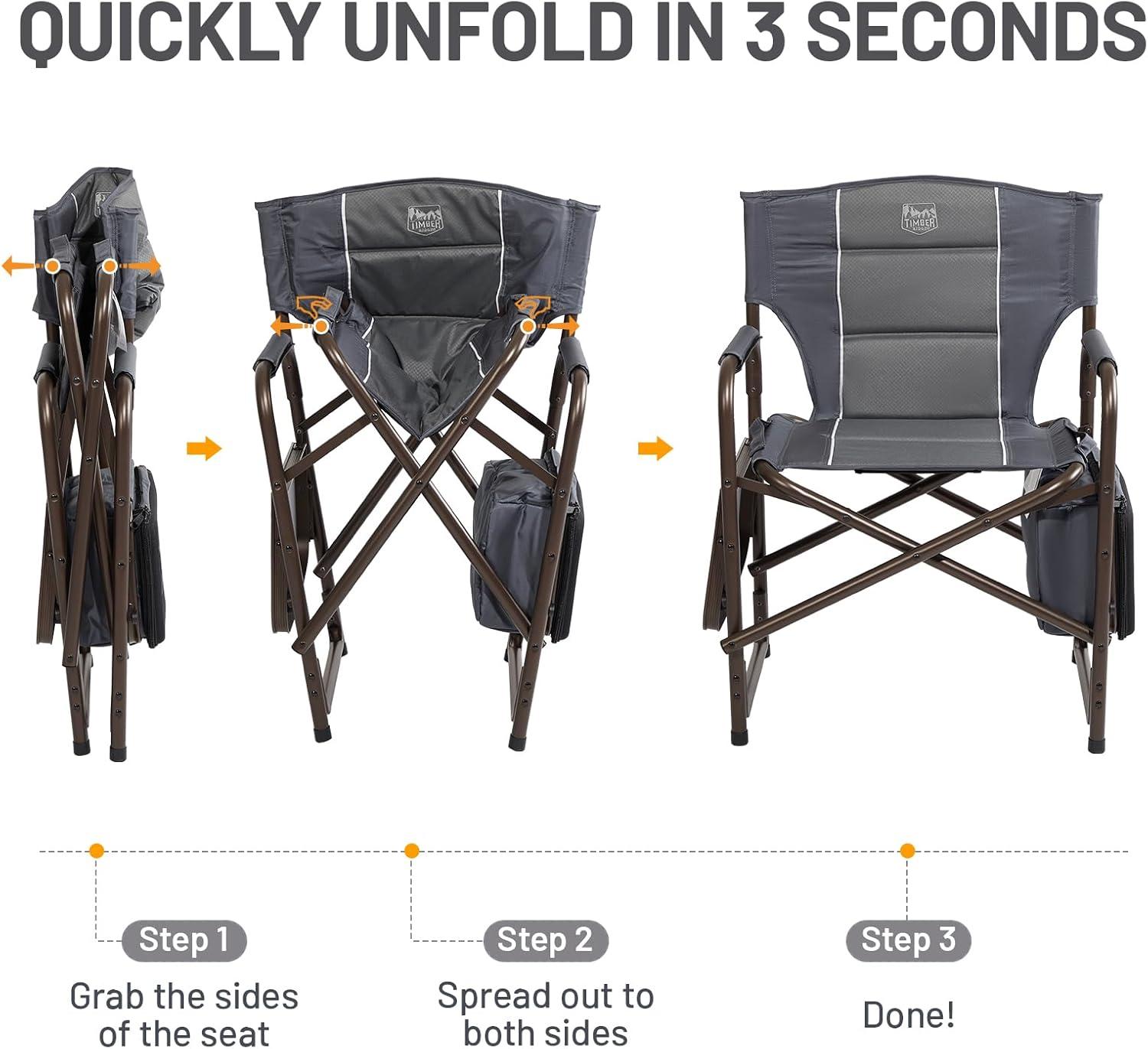 TIMBER RIDGE Lightweight Camping Chair, Portable Laurel Director's Chair with Foldable Side Table, Cooler Bag & Mesh Pocket, Compact Outdoor Folding Lawn Chair, Supports 300lbs, Grey