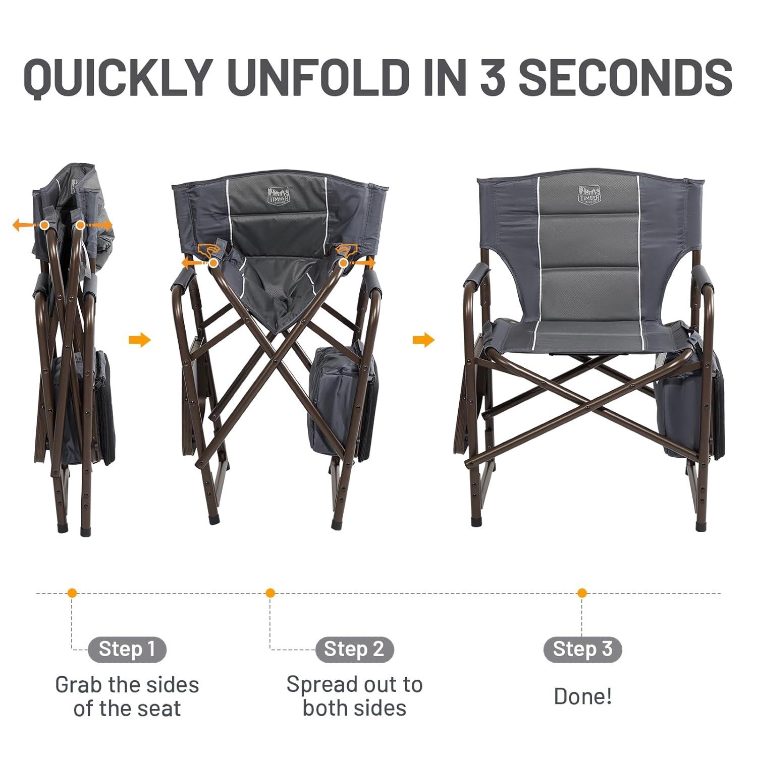 TIMBER RIDGE Lightweight Camping Chair, Portable Laurel Director's Chair with Foldable Side Table, Cooler Bag & Mesh Pocket, Compact Outdoor Folding Lawn Chair, Supports 300lbs, Grey