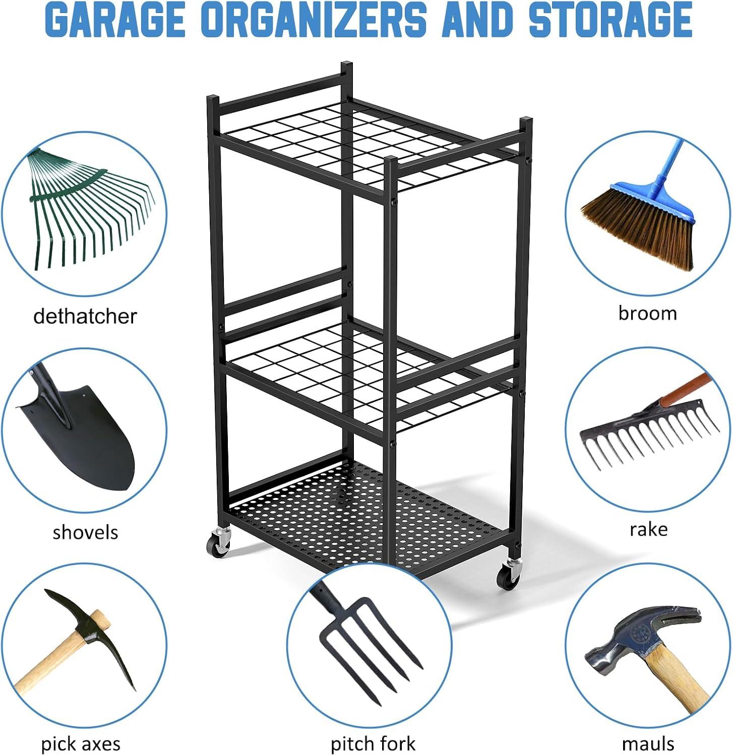 Garden Tool Organizer with Wheels, Yard Tool Tower rack for Garage Organization and Storage, Up to 35 Long-Handled Tools, Sturdy Metal Steel Tool Holder with 3 Hooks, Outdoor, Black