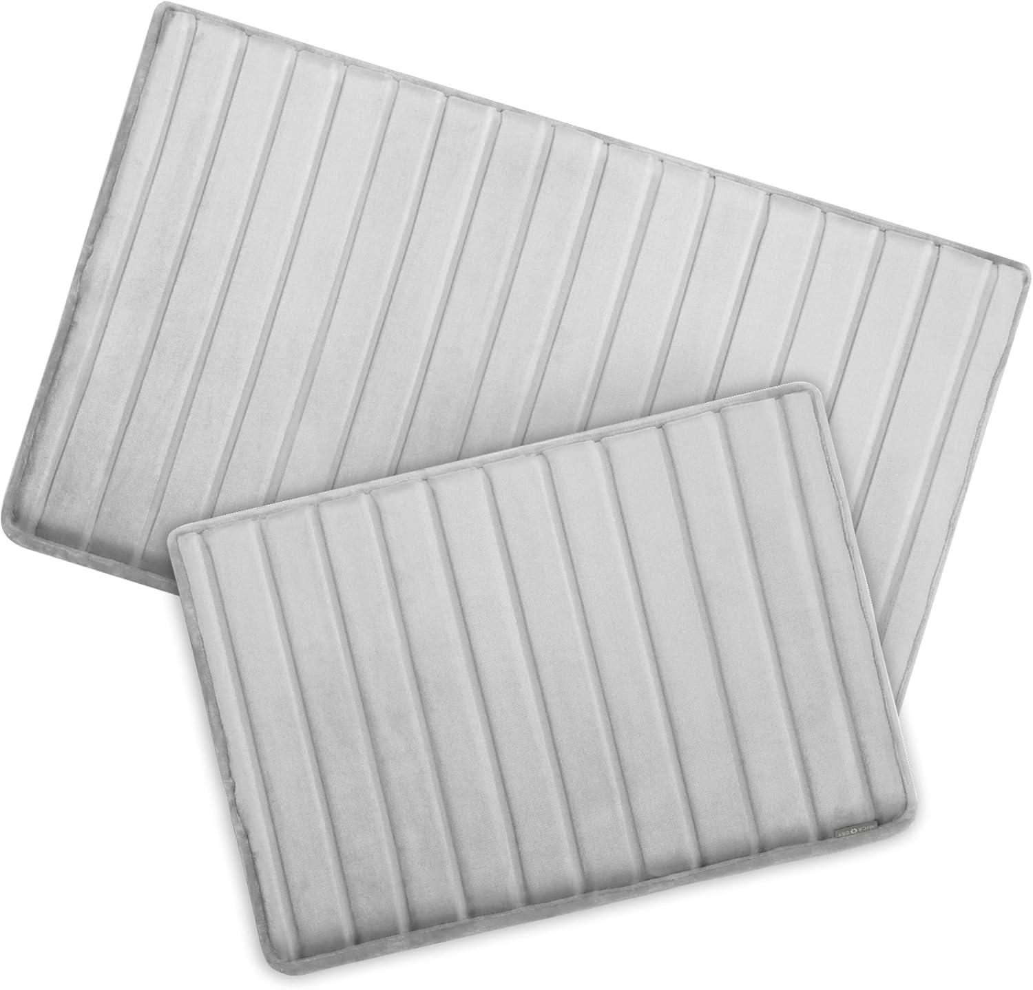 2pc 17"x24" and 21"x34" MICRODRY SoftLux Quilted Striped Memory Foam Bath Rug/Runner with Skid Resistant Base Light Gray