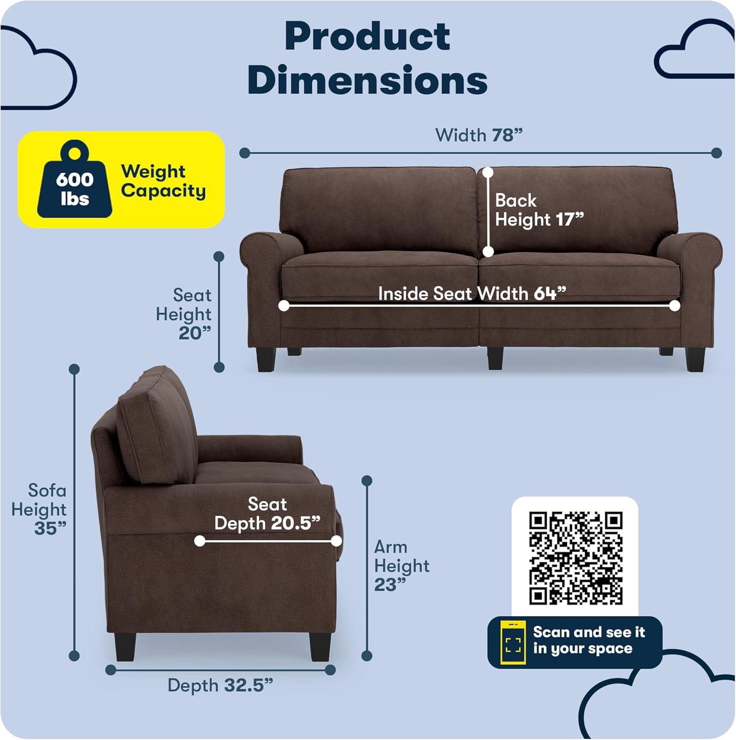 Serta Copenhagen 78" Rolled Arm Sofa, Easy Care Fabric, Soft Pillow Back, Pocket Coil Seat Cushions