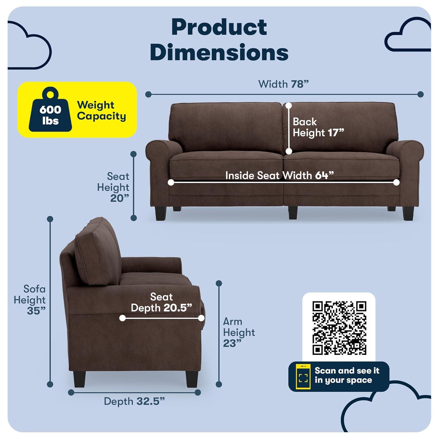 Serta Copenhagen 78" Rolled Arm Sofa, Easy Care Fabric, Soft Pillow Back, Pocket Coil Seat Cushions