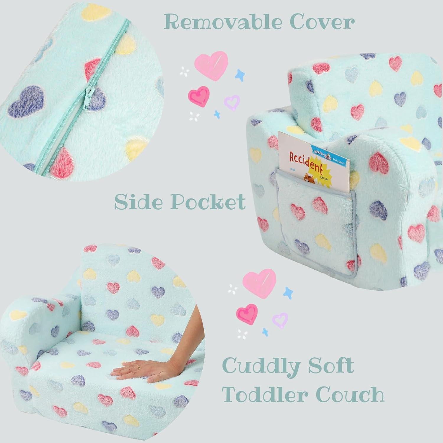 Extra Wider Seating Toddler Couch, 2-in-1 Toddler Soft Couch Fold Out with Star Pillow, Convertible Sofa to Lounger for Girls and Boys