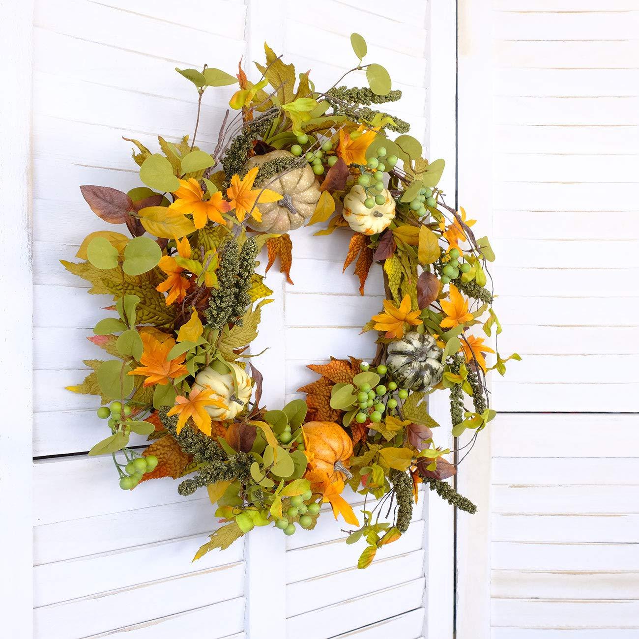 Fall Wreath 20’’ Autumn Front Door Wreath Harvest Wreath with Sunflower Pumpkins Berries Maple Leaves Daisies for Outside Indoor Home Wall Festival Thanksgiving Autumn Farmhouse Decor