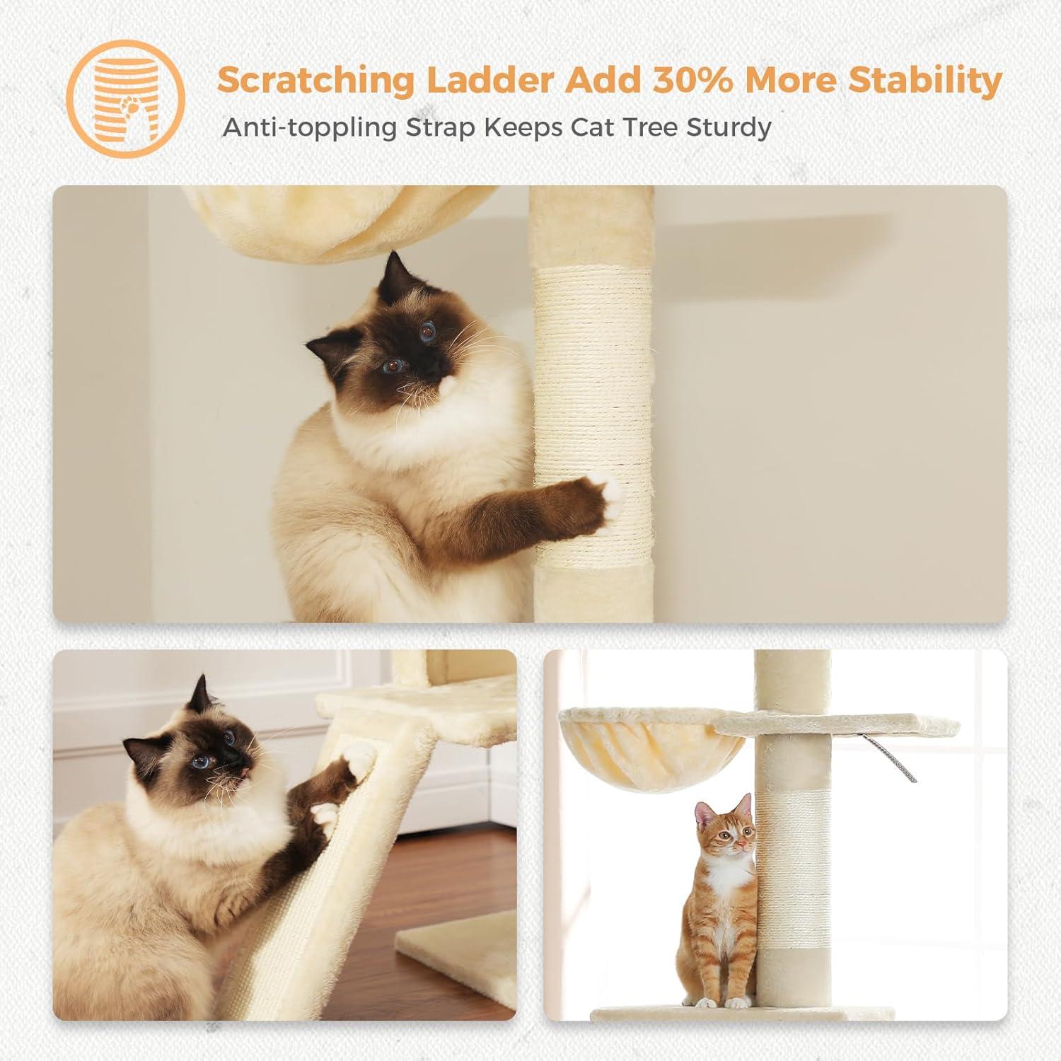 Adjustable Height Floor To Ceiling 5-Tier Tall Cat Tree Tower For Indoor Cats With Cat Condo, Cat Scratching Post And Cat Ladder