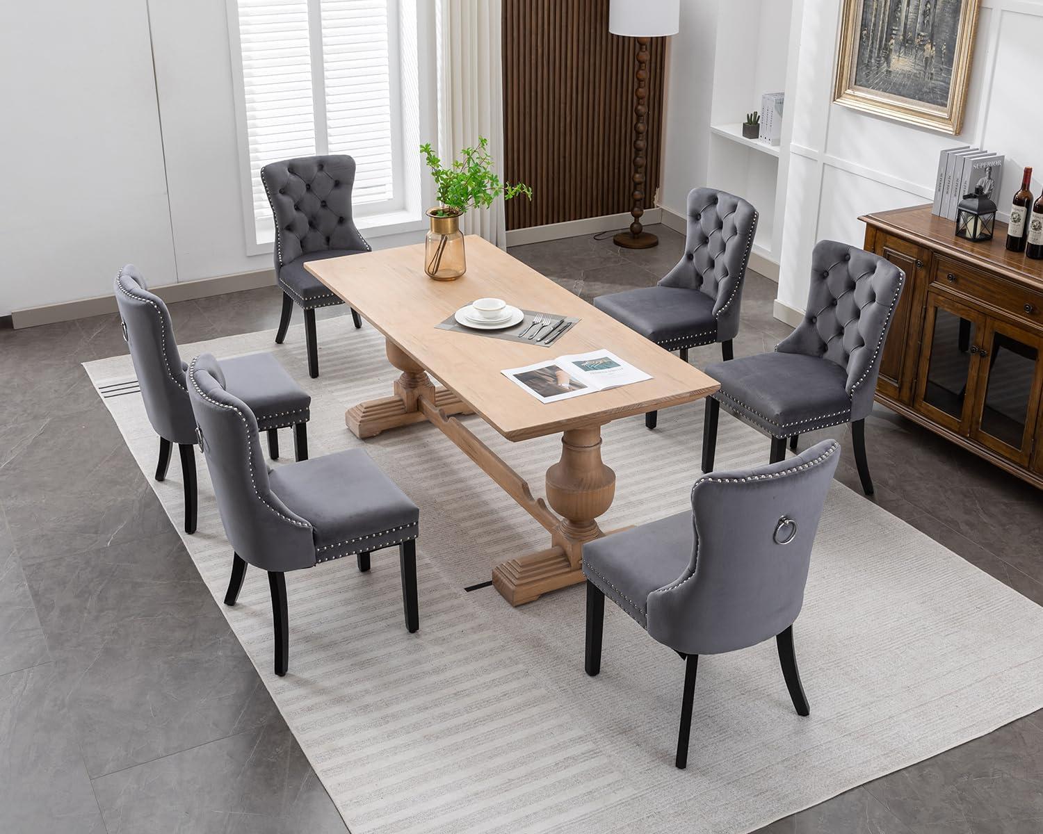 Set of 4 Gray Velvet Upholstered Parsons Dining Chairs with Black Wood Legs