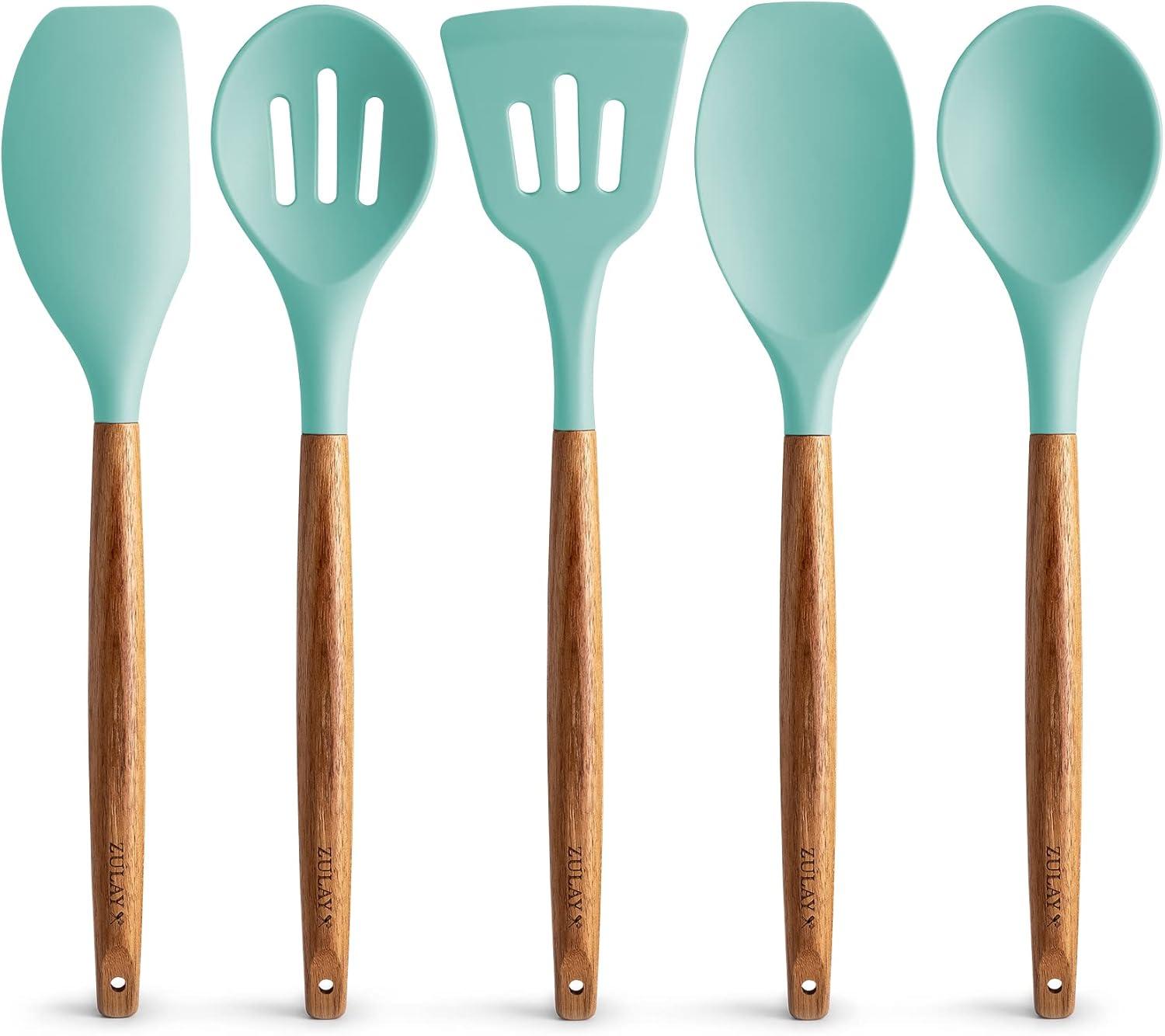 Aqua Silicone and Acacia Wood 5-Piece Cooking Utensil Set