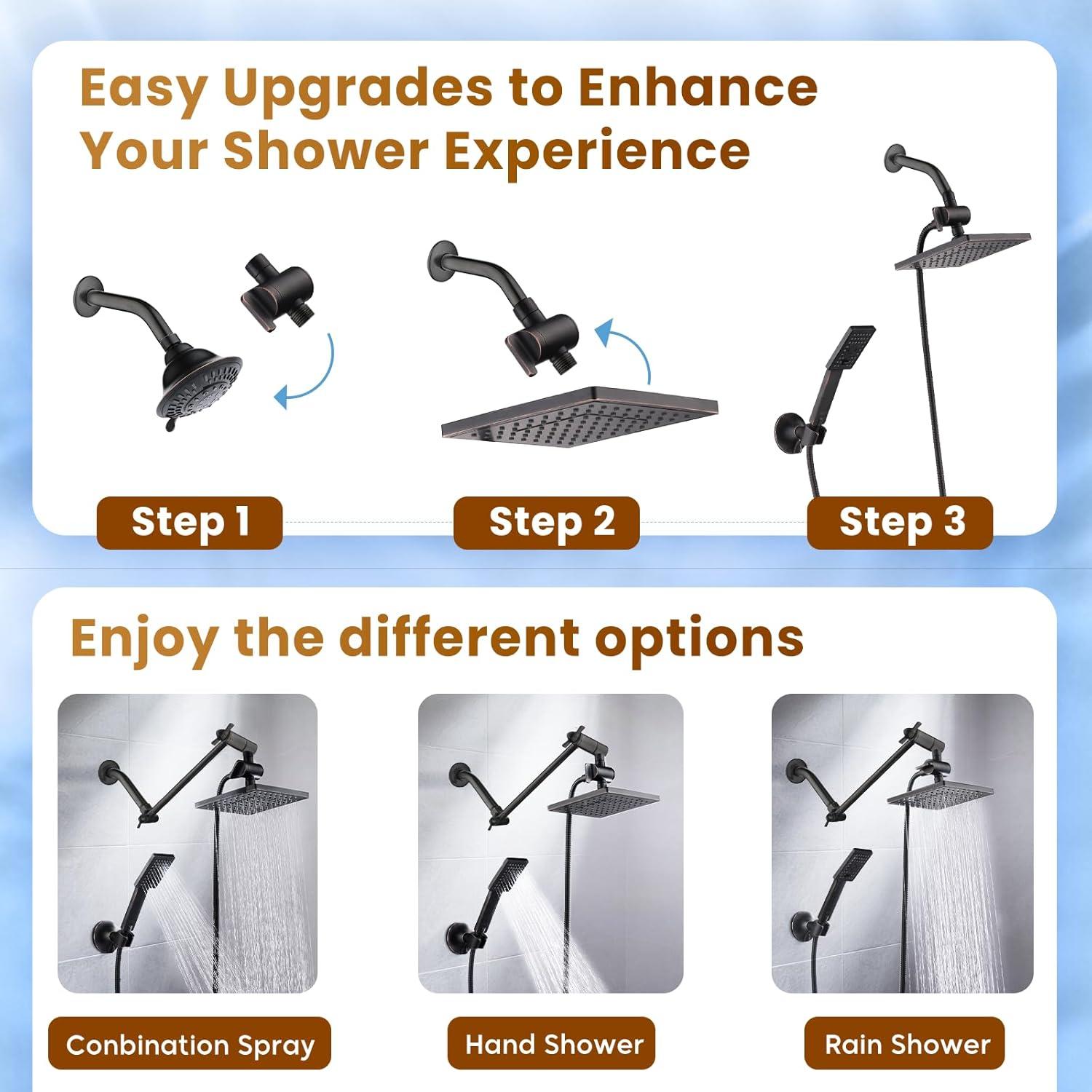 XINGRUISI 8-Inch Square Dual Shower Head Combo With 60-Inch Hose, Adjustable Handheld & Rainfall Shower Set, 3-Way Diverter & Wall Bracket XINGRUISI0ee1ef3