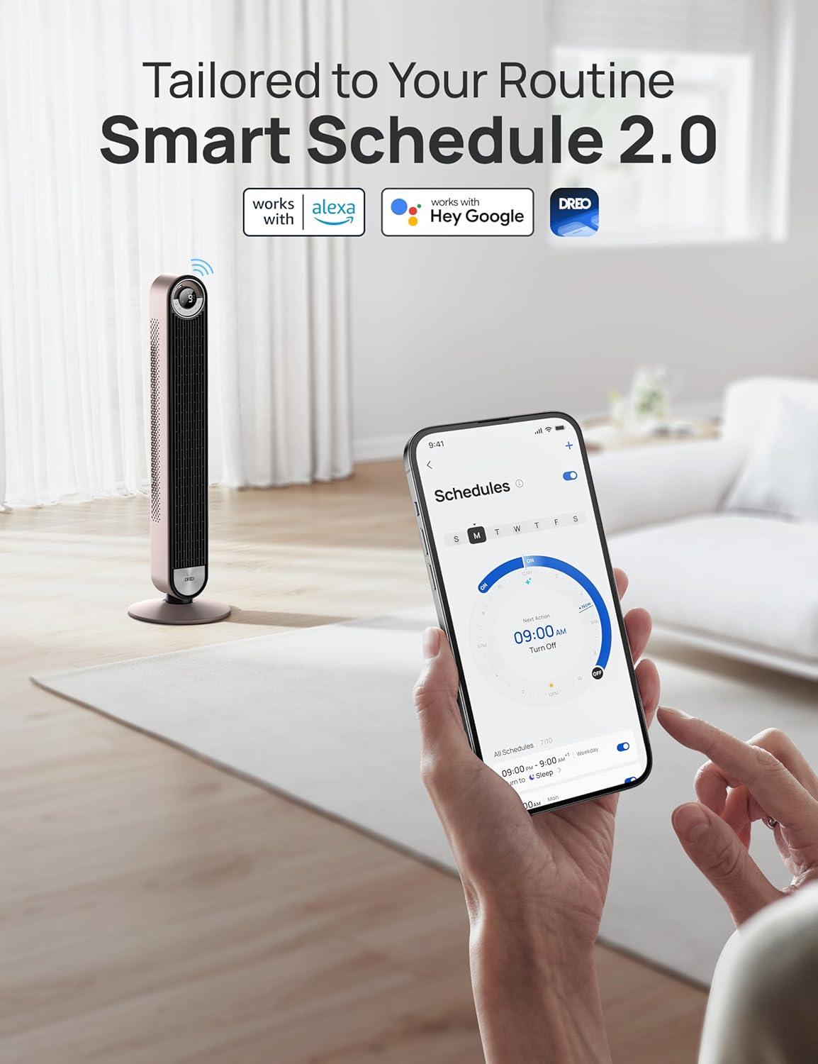 Dreo Smart Tower Fans for Home, 90° Oscillating Fan Bedroom Indoors, Voice Control Floor with 12H Timer, 42 Inch Quiet Bladeless Standing LED Display, 9 Speeds, Work Alexa/Google