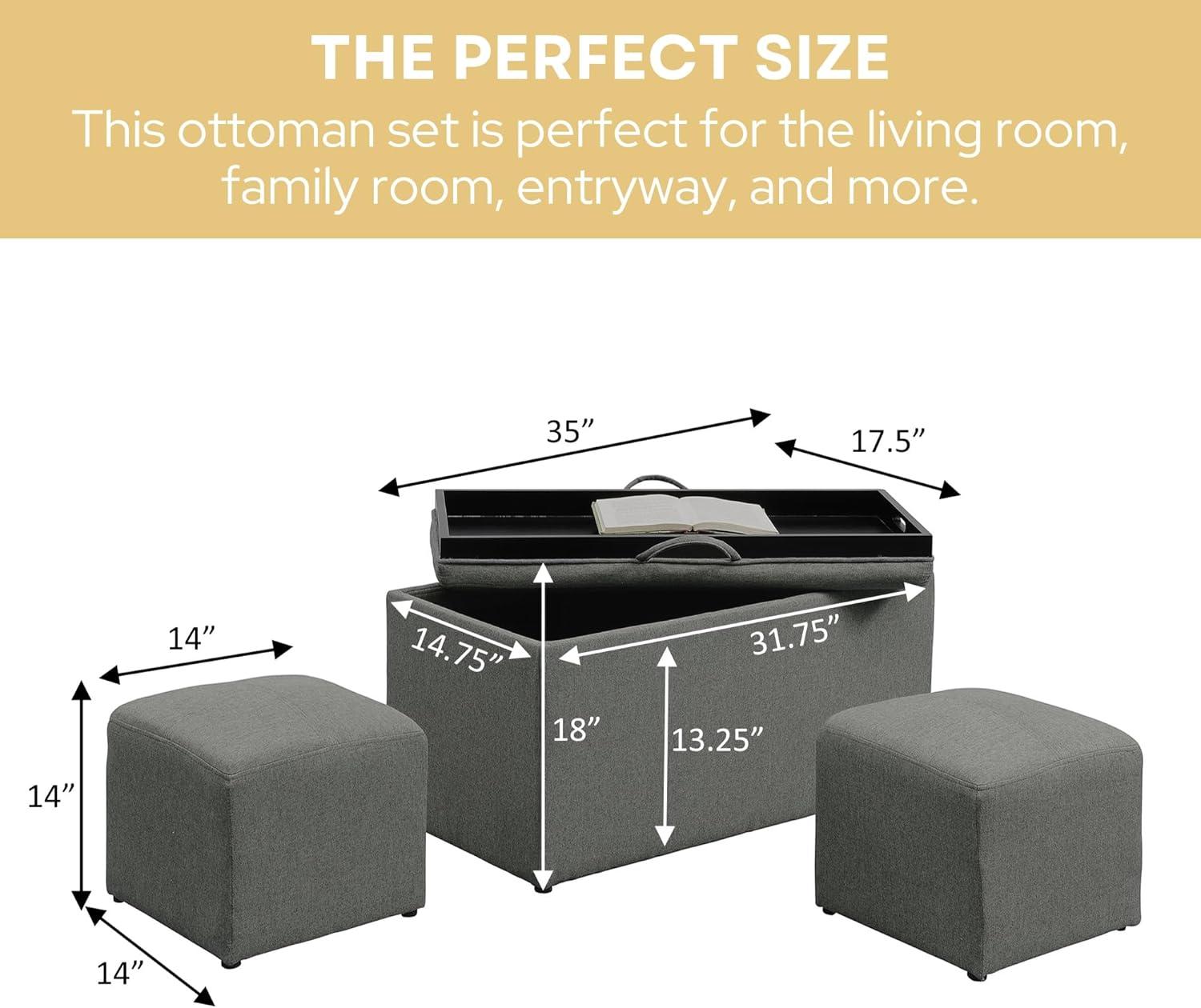 Convenience Concepts Designs4Comfort Sheridan Storage Bench w/ 2 Side Ottomans, Soft Gray Fabric