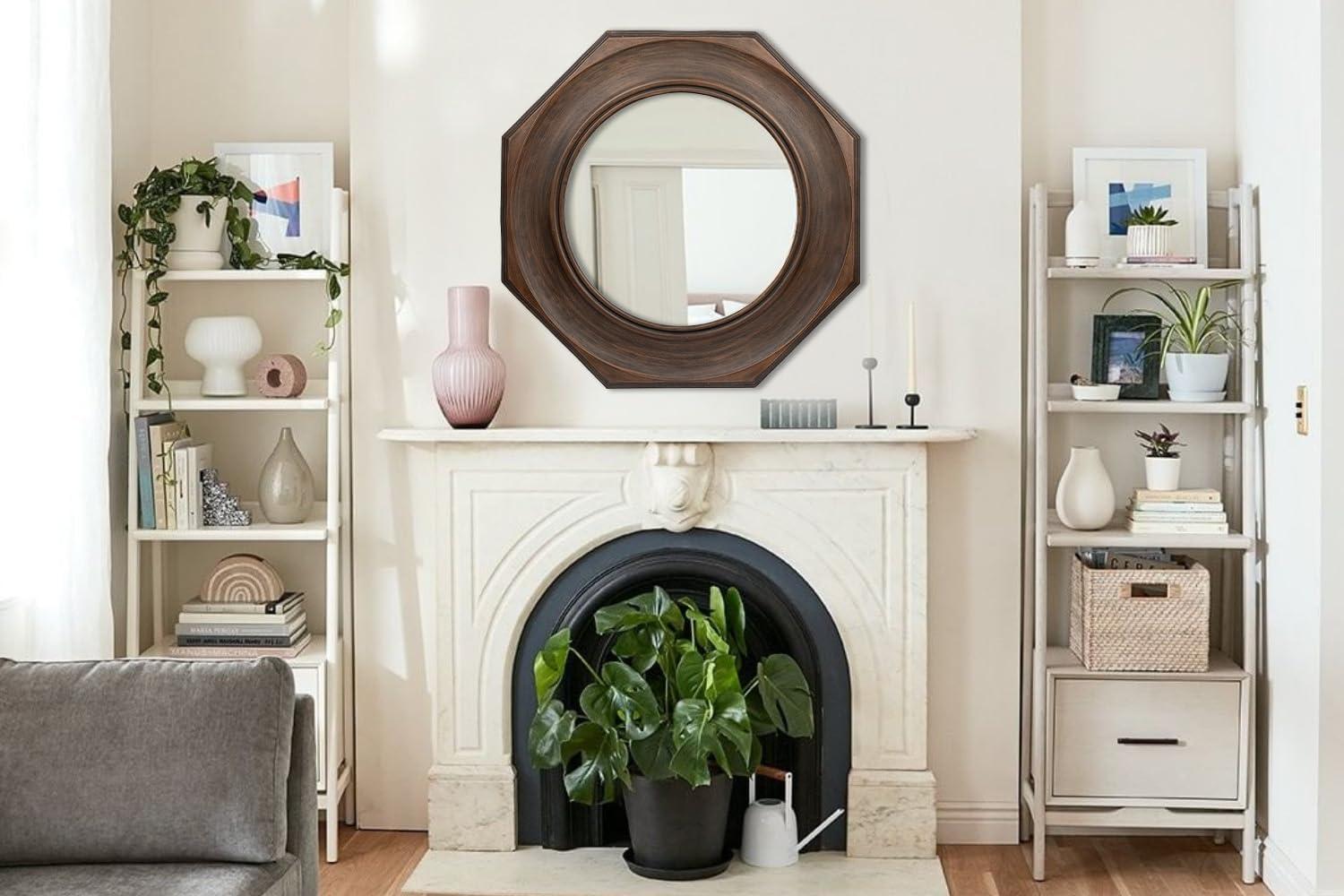 Hexagonal Walnut Wood Framed Wall Mirror