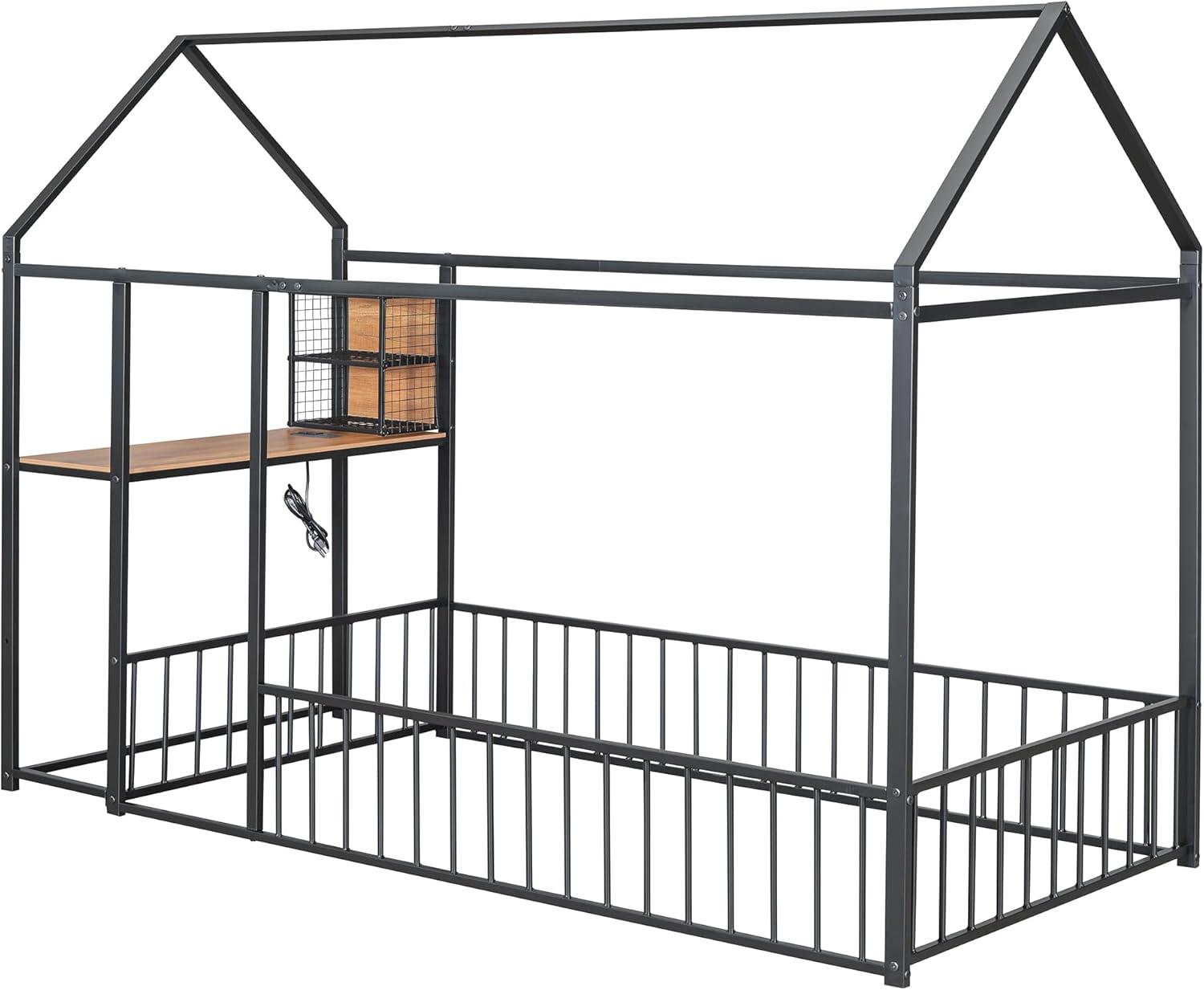 Full Floor Bed with Door and Fence, Metal Montessori Bed Full Size, Kids Montessori Floor Bed with Roof/House for Kids, Girls, Boys, White