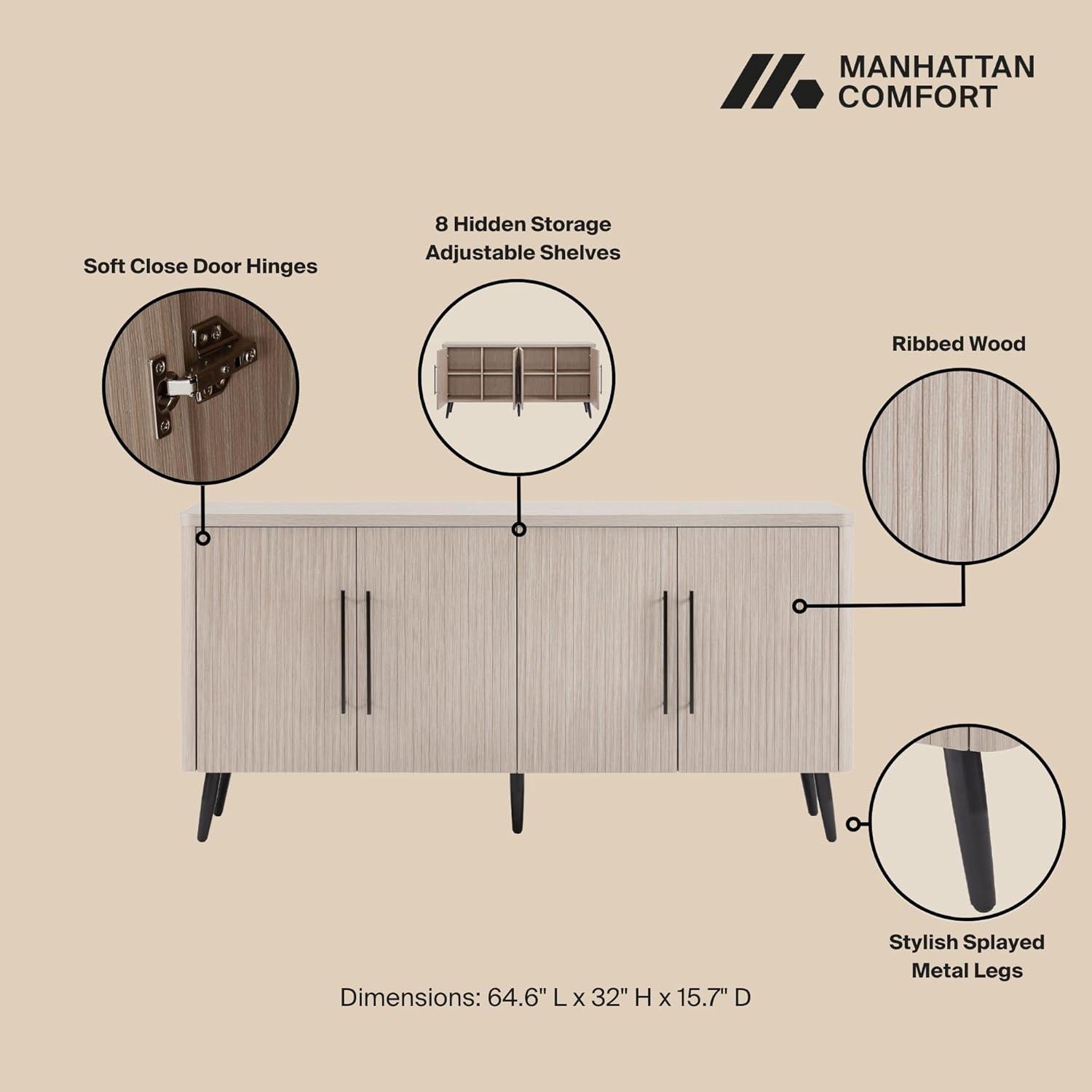 Manhattan Comfort Jodie 65" Mid-Century Modern Sideboard with 8 Adjustable Shelves in Whitewashed Oak
