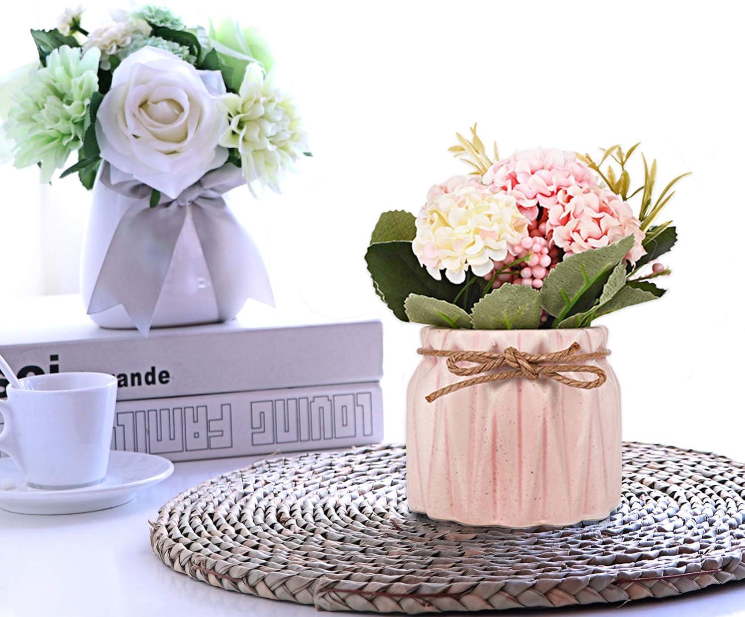 Artificial potted flowers, small ceramic vases fake flower plants for home and office interior tabletop decoration, artificial flower hydrangeas - Pink