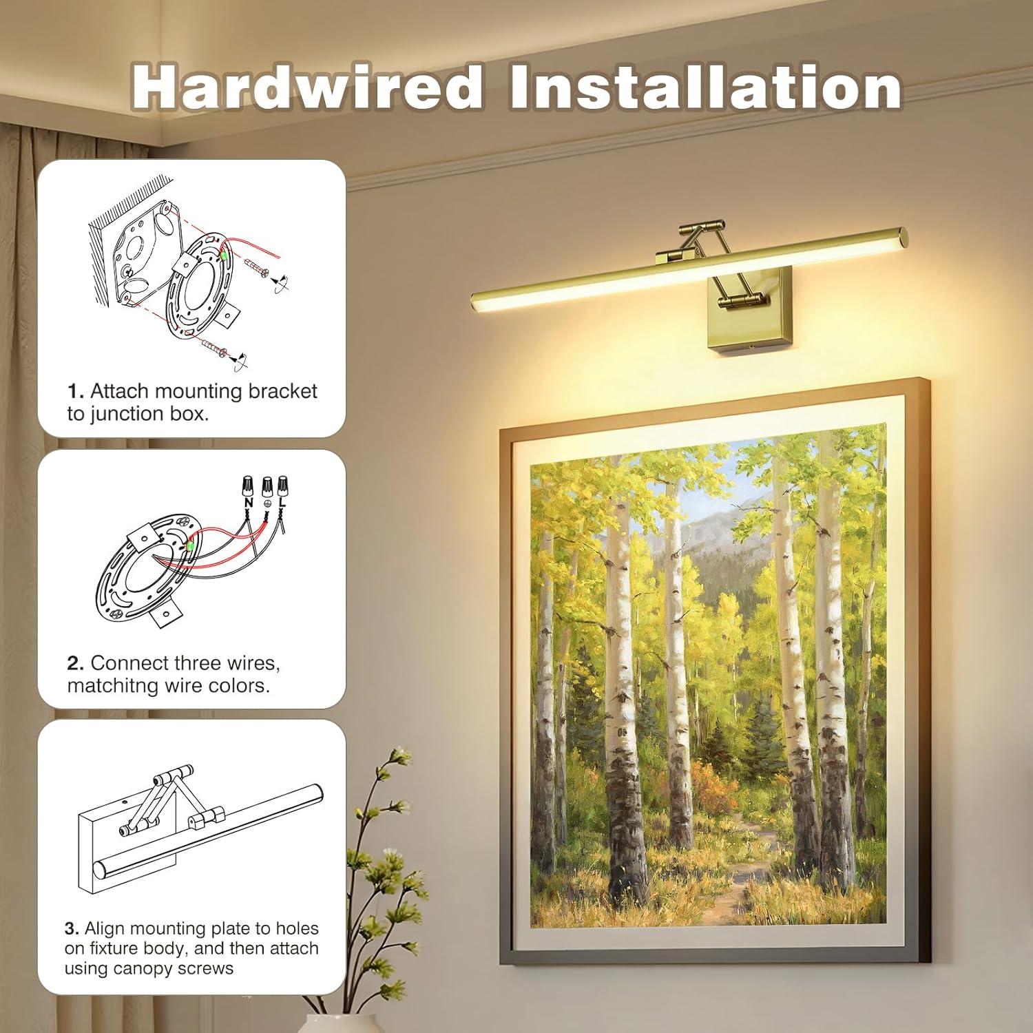 Joossnwell Hard-Wired Picture Light for Wall Brass Art Lighting Dimmable Gallery Light 23.39 inch Picture Frame Light with Adjustable Swing Arm for Painting Library Display Artwork Museum Warm White