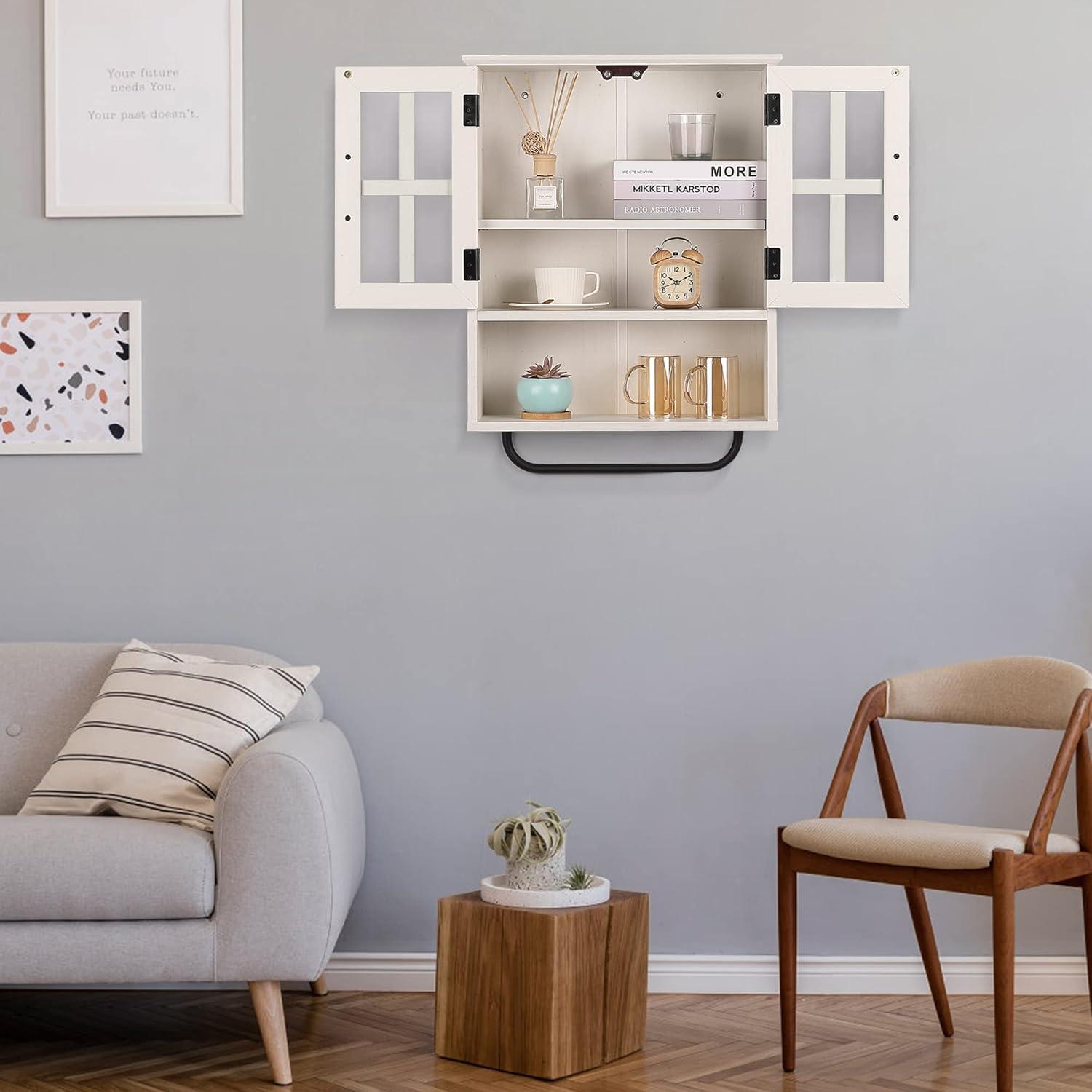 Wood Wall Storage Cabinet With Cross Glass Doors, Farmhouse Wall Mounted, 3 Tier Rustic Cabinet With Adjustable Shelves And Towel Bar For Bathroom, Living Room, Vintage White