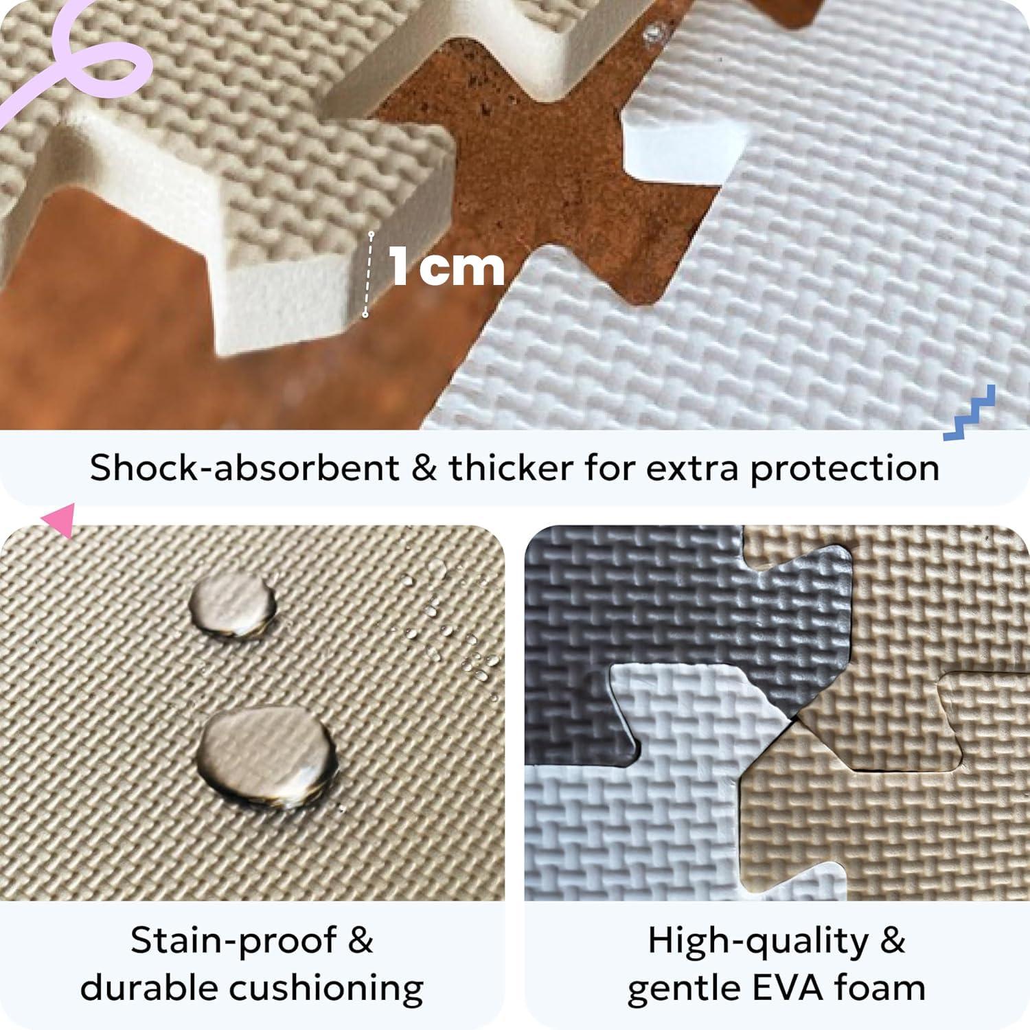 MioTetto Non-Toxic Foam Play Mat for Babies & Kids, Interlocking Puzzle Tiles, Cream-Gray-Beige, 18 Pieces – Perfect for Tummy Time, Crawling, Nursery, Playroom, or Gym